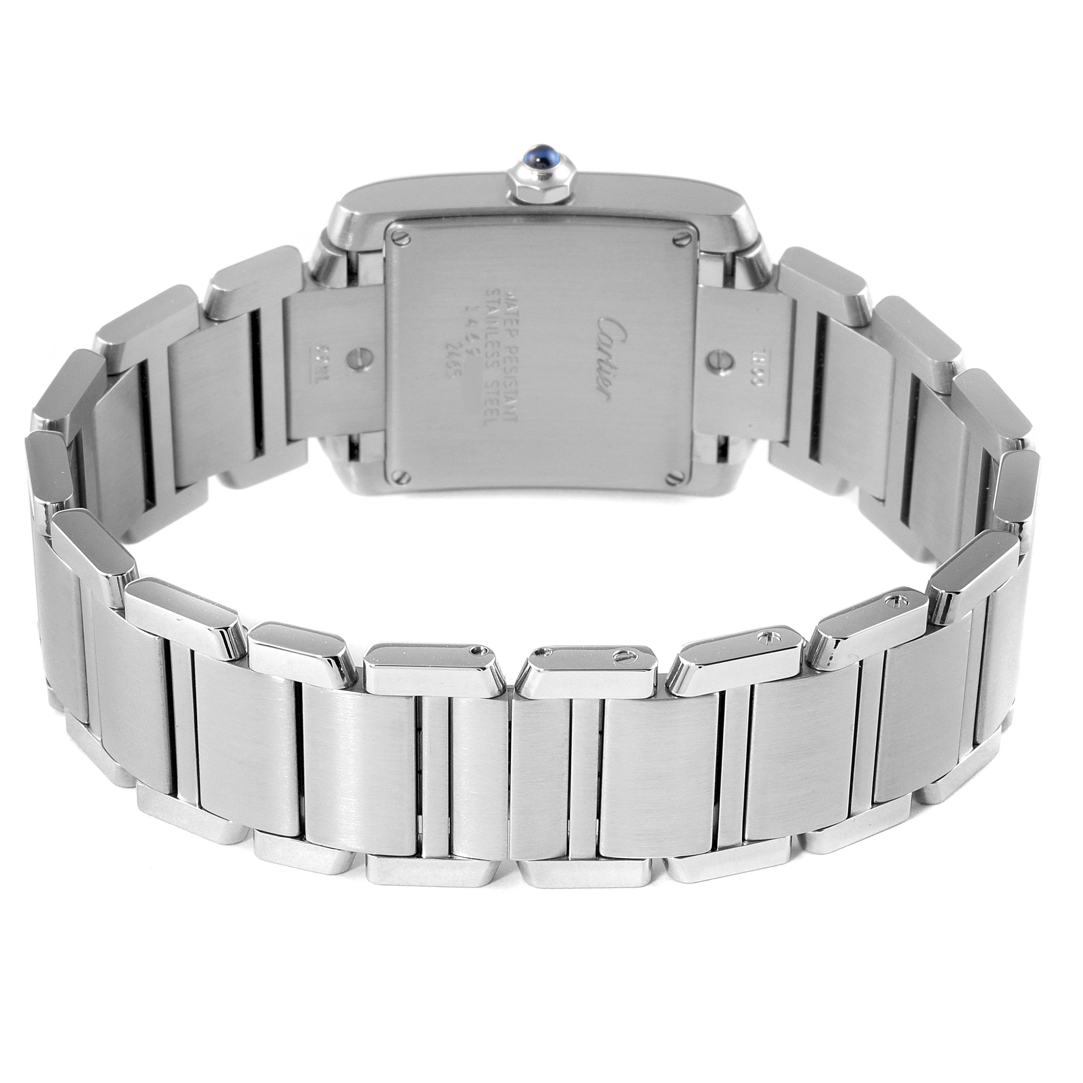 This image shows the back view of a Cartier Tank Francaise W51011Q3 Women's Stainless Steel Silver Dial W51011Q3 Women's Stainless Steel Silver Dial watch displaying its stainless steel bracelet and caseback.