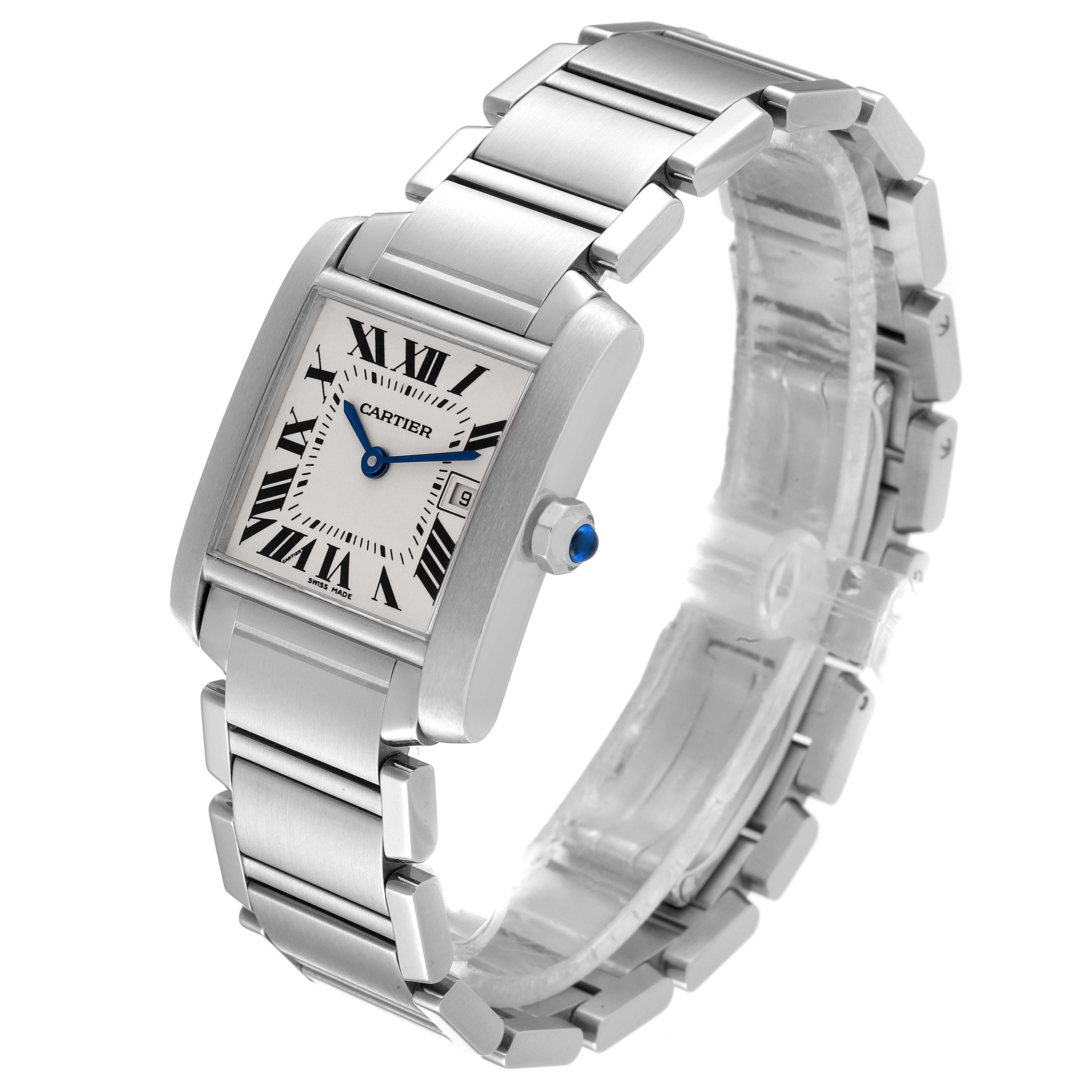 This image shows a Cartier Tank Francaise W51011Q3 Women's Stainless Steel Silver Dial W51011Q3 Women's Stainless Steel Silver Dial watch at a slight angle, displaying the face, bracelet, and crown with a blue jewel.