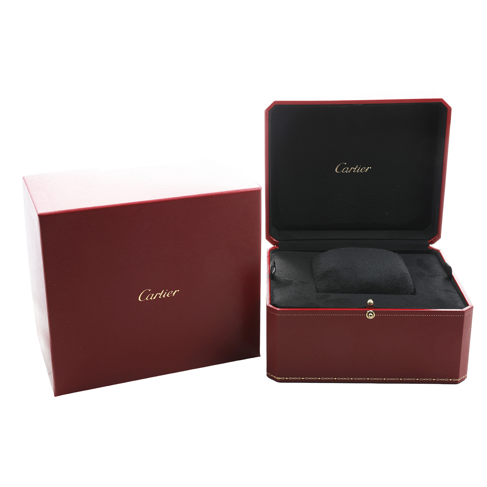 The image shows a Cartier Tank Française watch box and its red packaging, with the box open to reveal a cushion inside.