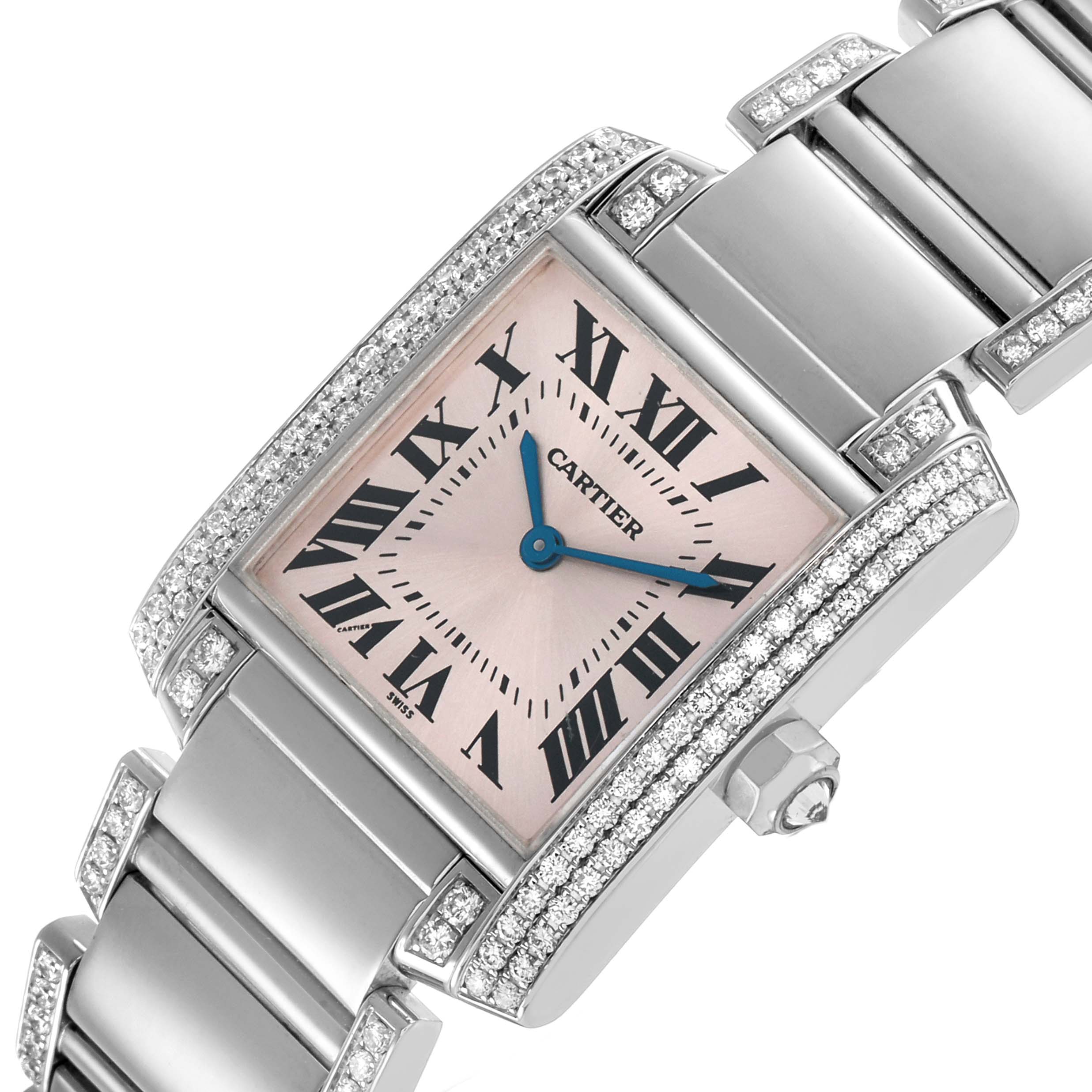 The Cartier Tank Française is shown at a tilted angle, highlighting the dial, bracelet, and diamond-set bezel.