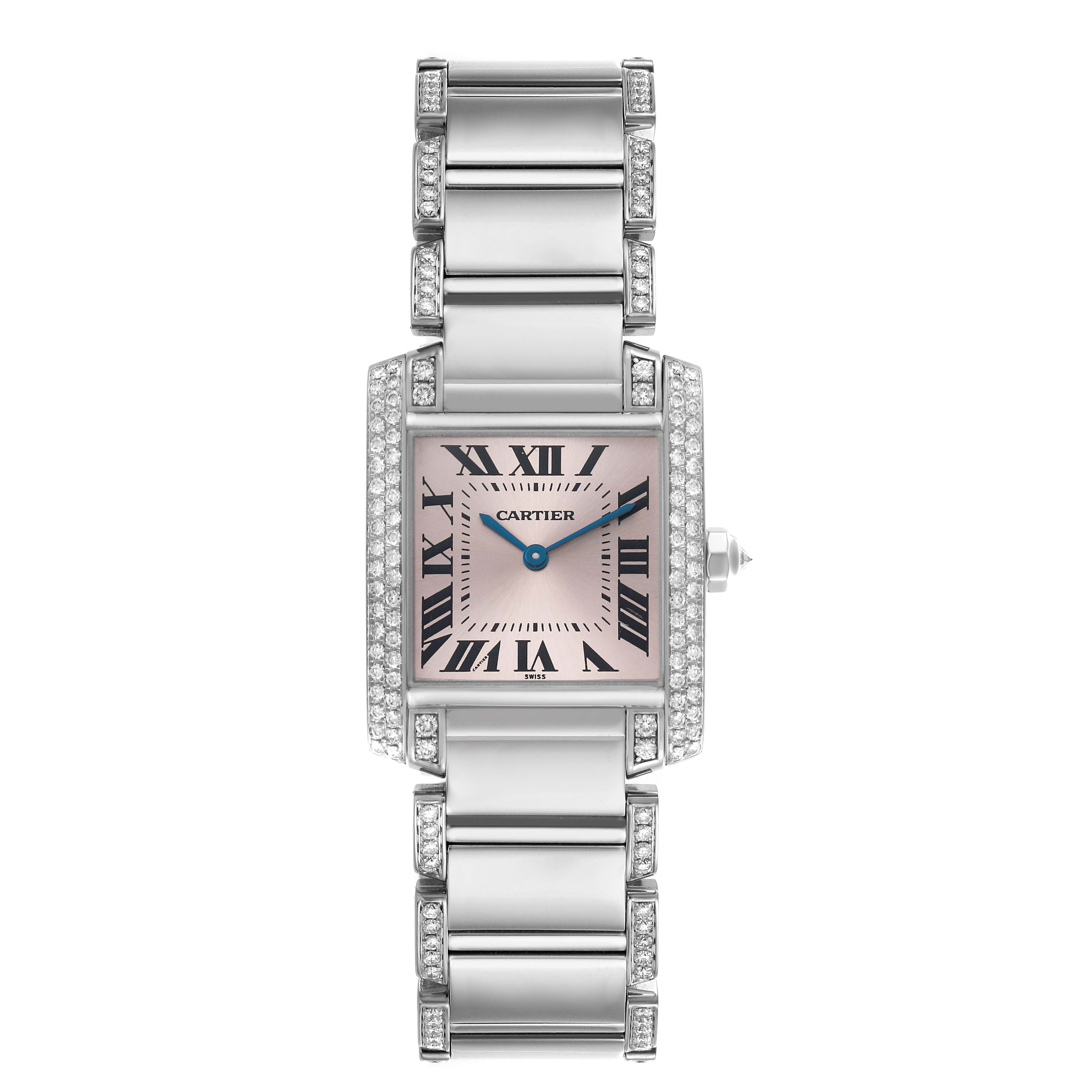 The Cartier Tank Francaise WE1014SC Women's White Gold Pink Dial watch is shown from a top-down angle, highlighting its bracelet, rectangular face, and diamond detailing.