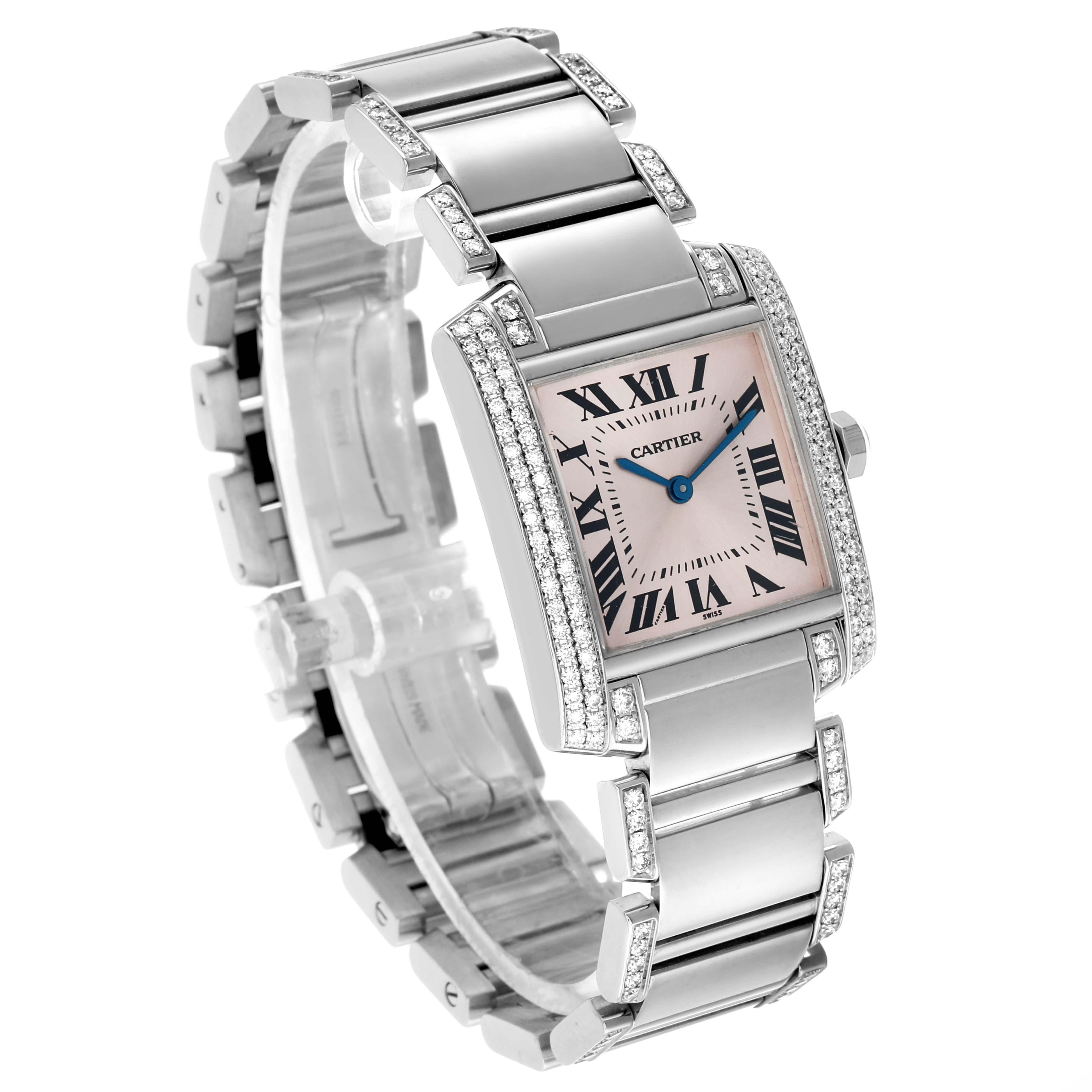 The Cartier Tank Francaise WE1014SC Women's White Gold Pink Dial watch is shown at an angled view, displaying the face, bracelet, and diamond accents.