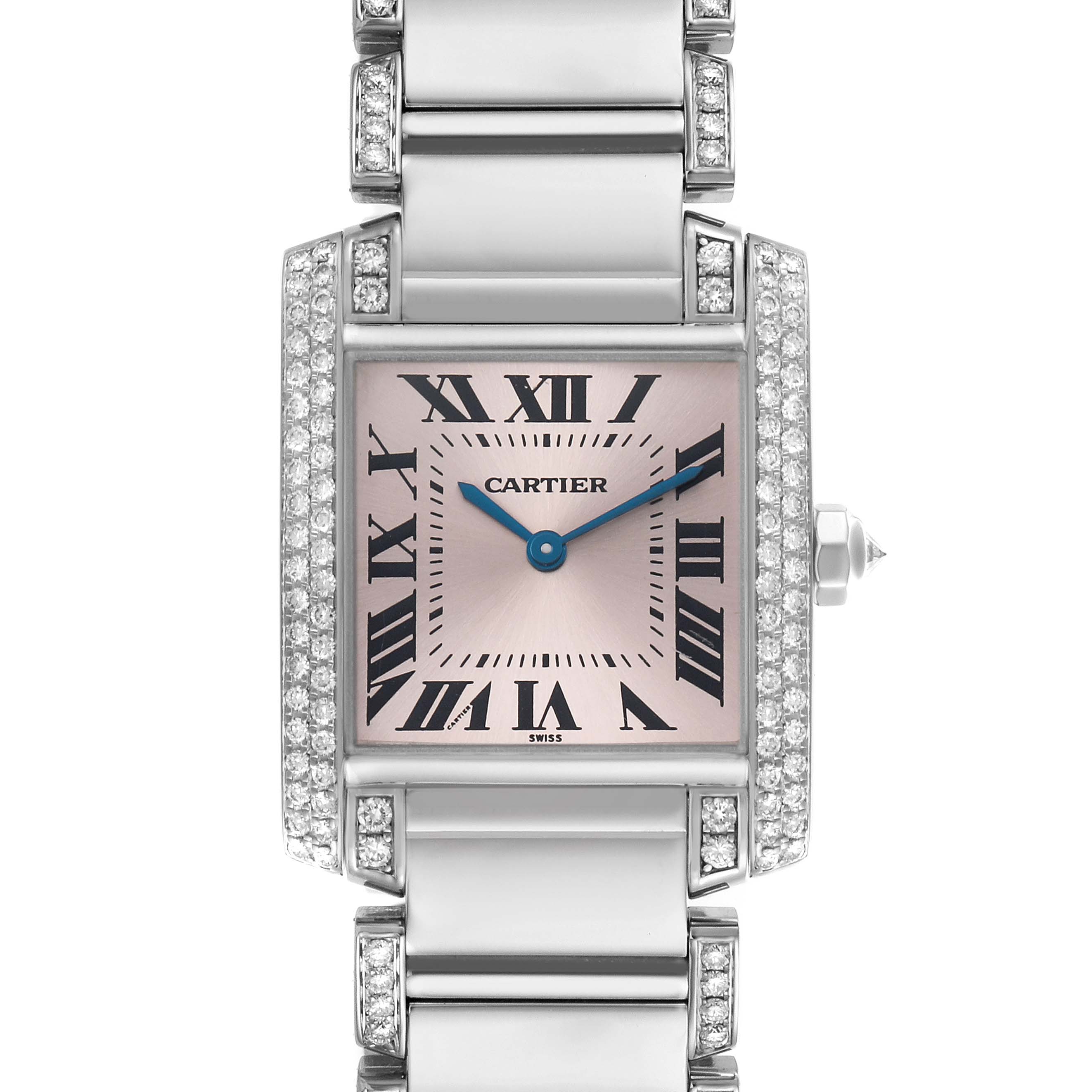 The Cartier Tank Française watch is shown from the front, highlighting the rectangular face, Roman numerals, and jewel-adorned bezel.