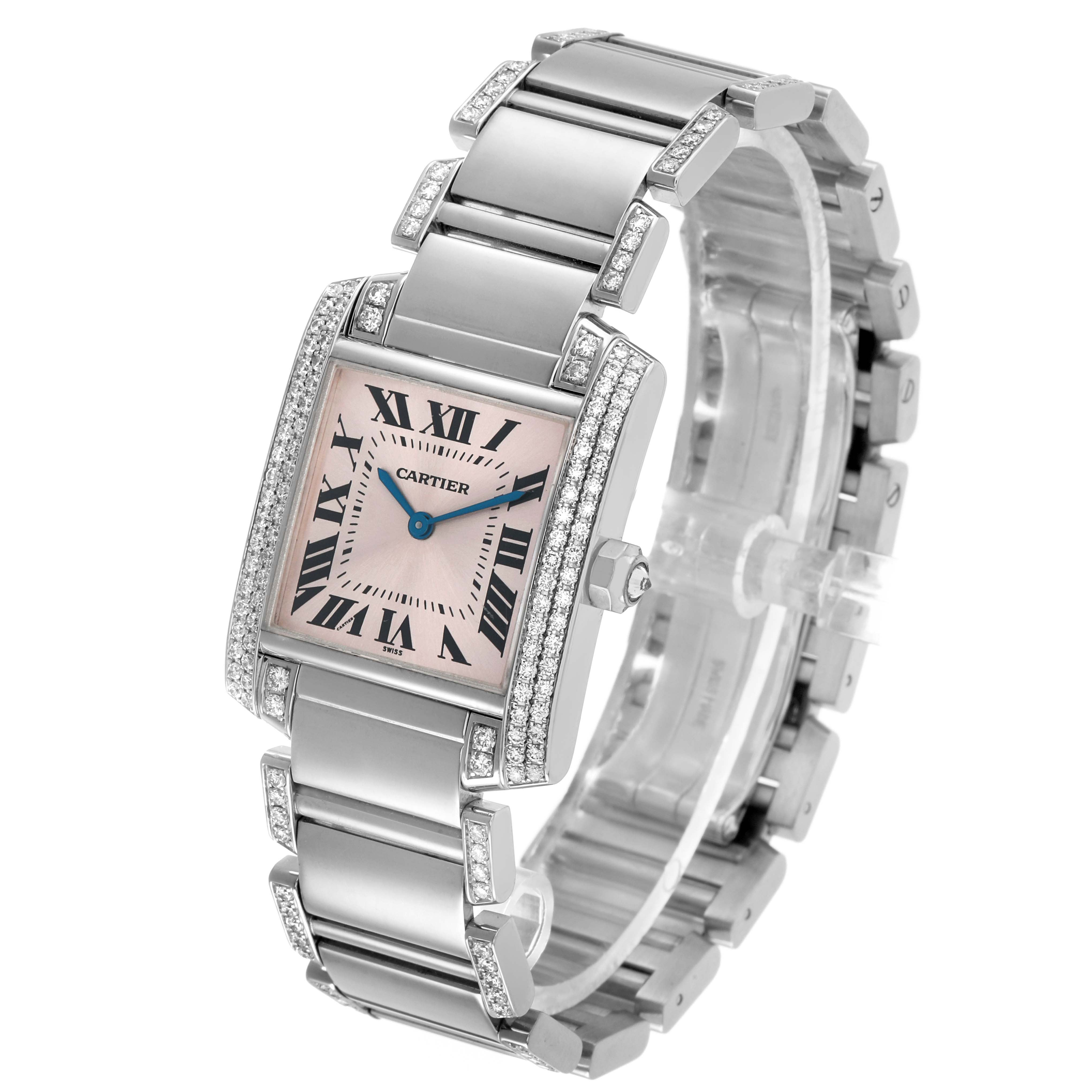 The Cartier Tank Francaise WE1014SC Women's White Gold Pink Dial watch is shown at an angled view, highlighting its face, bracelet, and side profile.