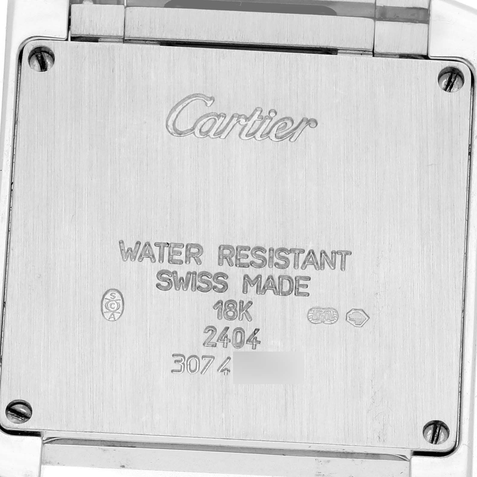 The image shows the back case of a Cartier Tank Francaise WE1014SC Women's White Gold Pink Dial, highlighting its inscriptions and metal finish.