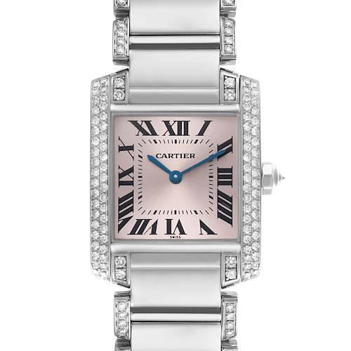 The Cartier Tank Française watch is shown from a top-down angle, highlighting its square face, Roman numerals, and bracelet.