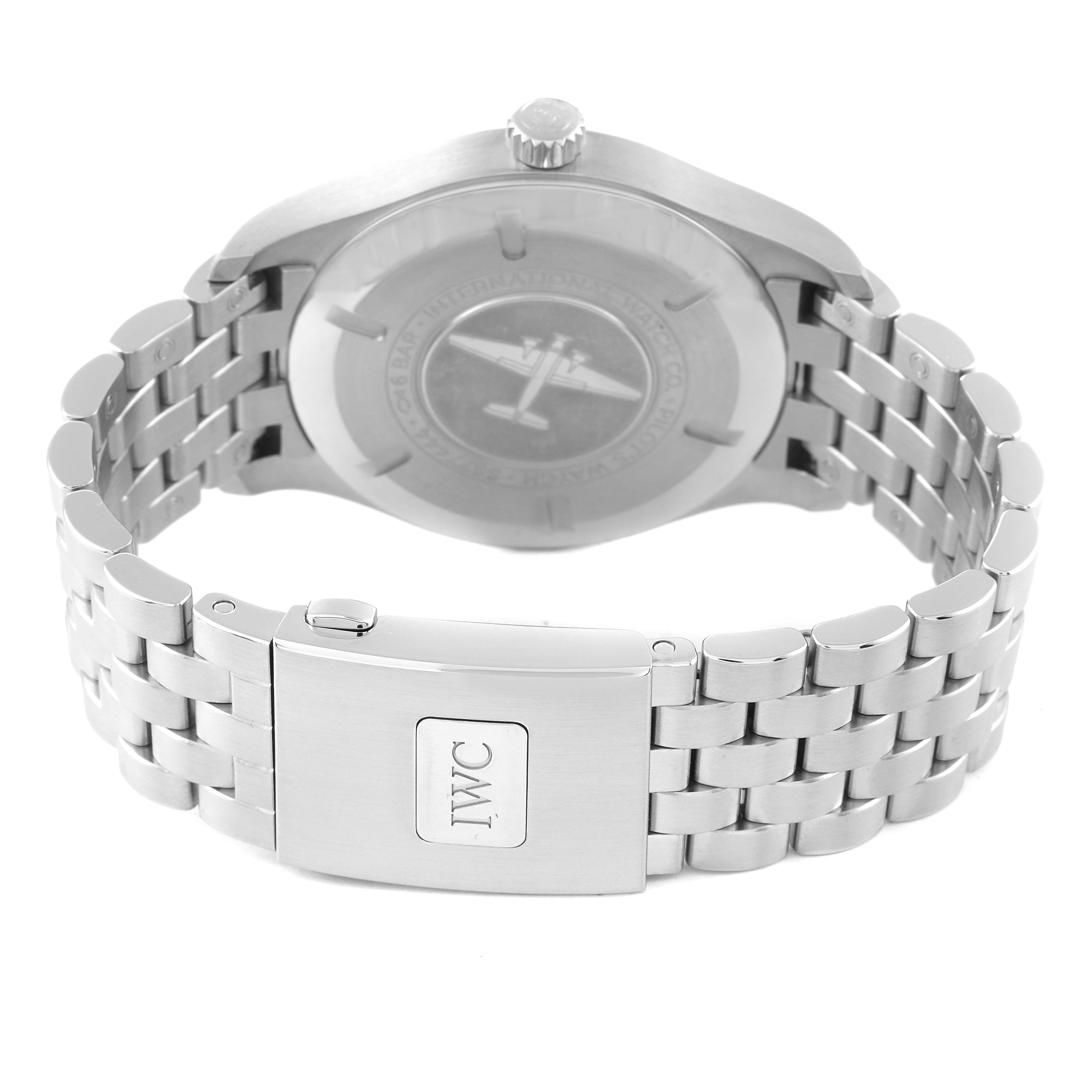 The image shows the back case and metal bracelet of an IWC Pilot IW327015 Men's Stainless Steel Black Dial IW327015 Men's Stainless Steel Black Dial model watch at an angled, rear view.