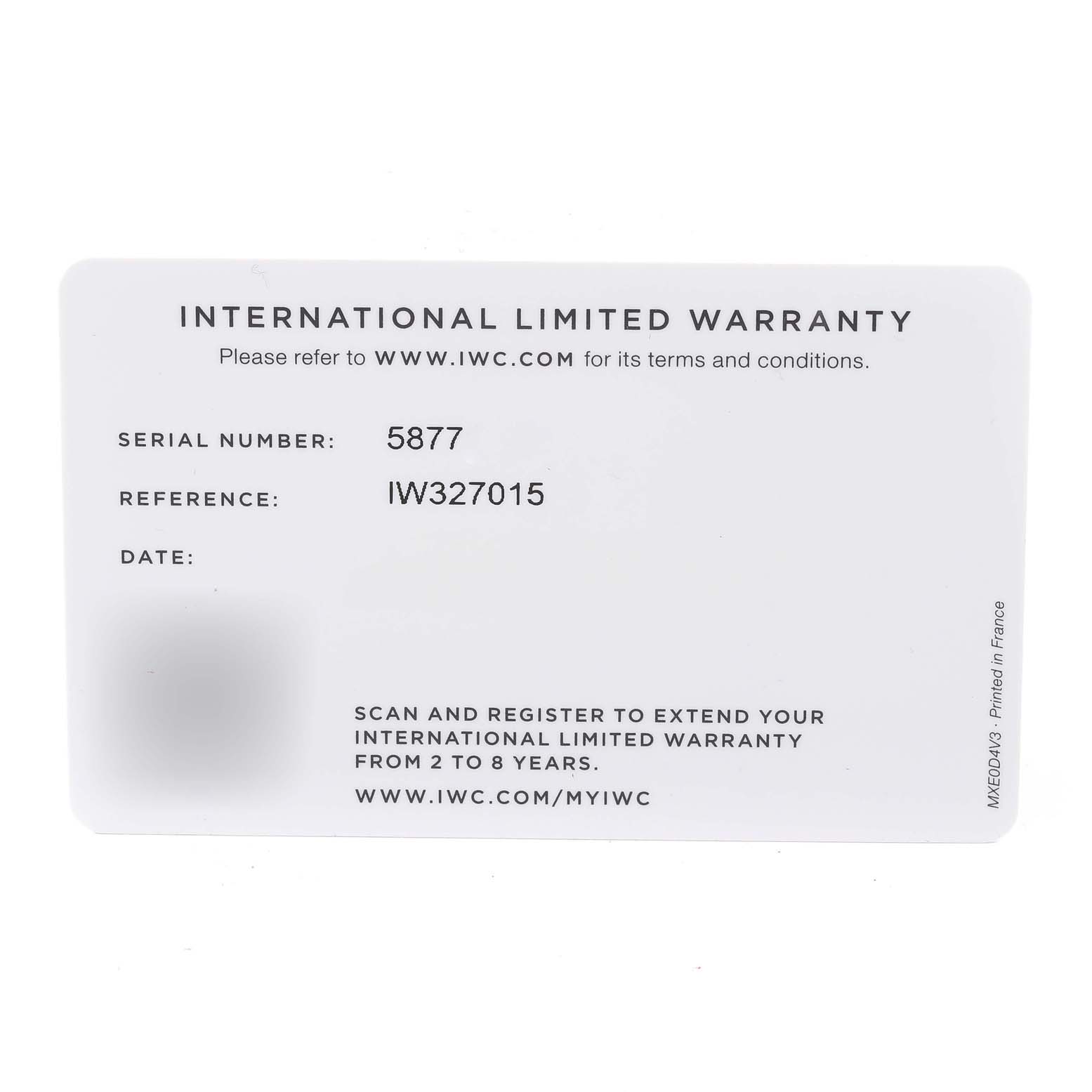This image shows an International Limited Warranty card for the Pilot model by IWC, detailing the serial number, reference number, and warranty extension information.