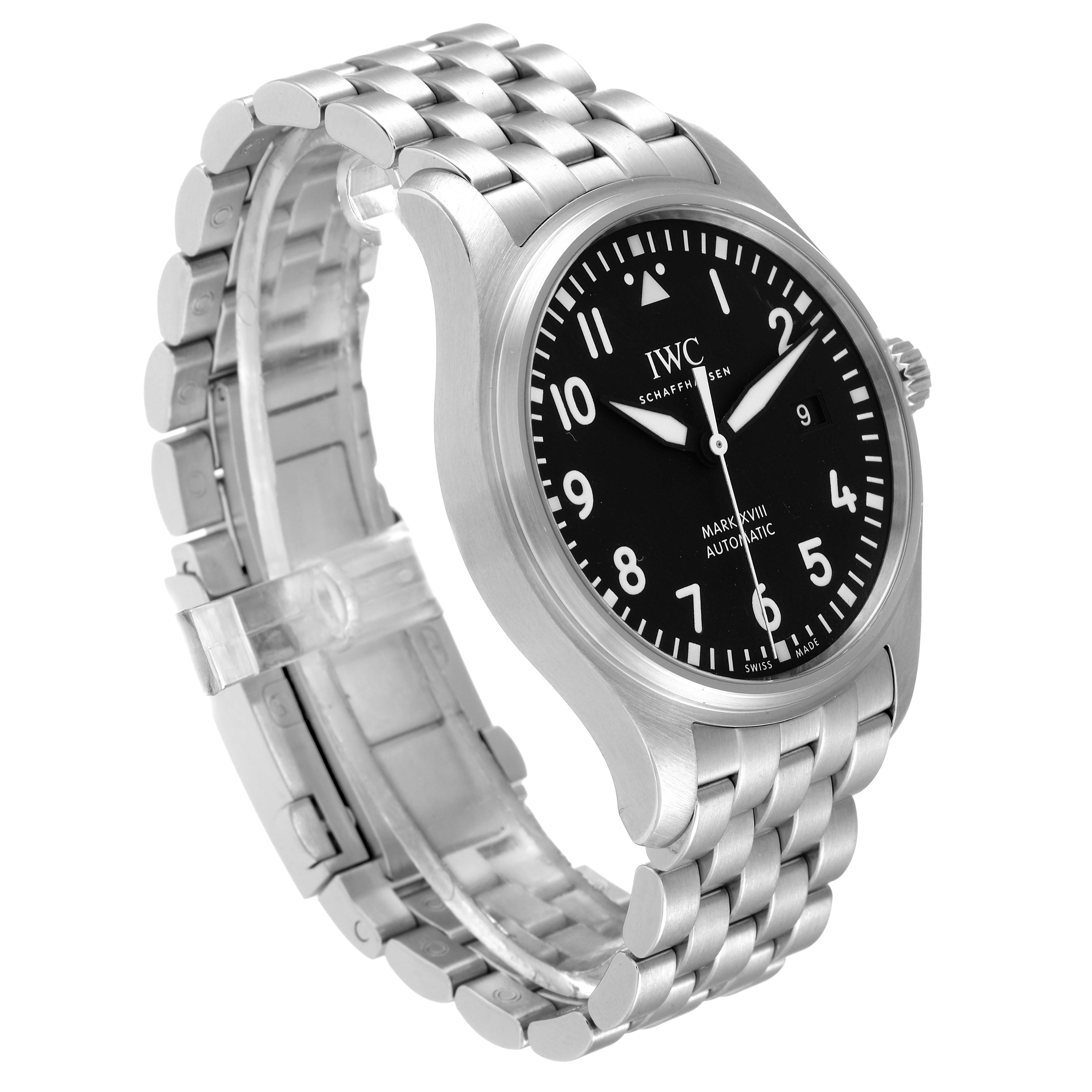 The IWC Pilot IW327015 Men's Stainless Steel Black Dial IW327015 Men's Stainless Steel Black Dial watch model is shown at a three-quarter angle highlighting the dial, bezel, and metal bracelet.