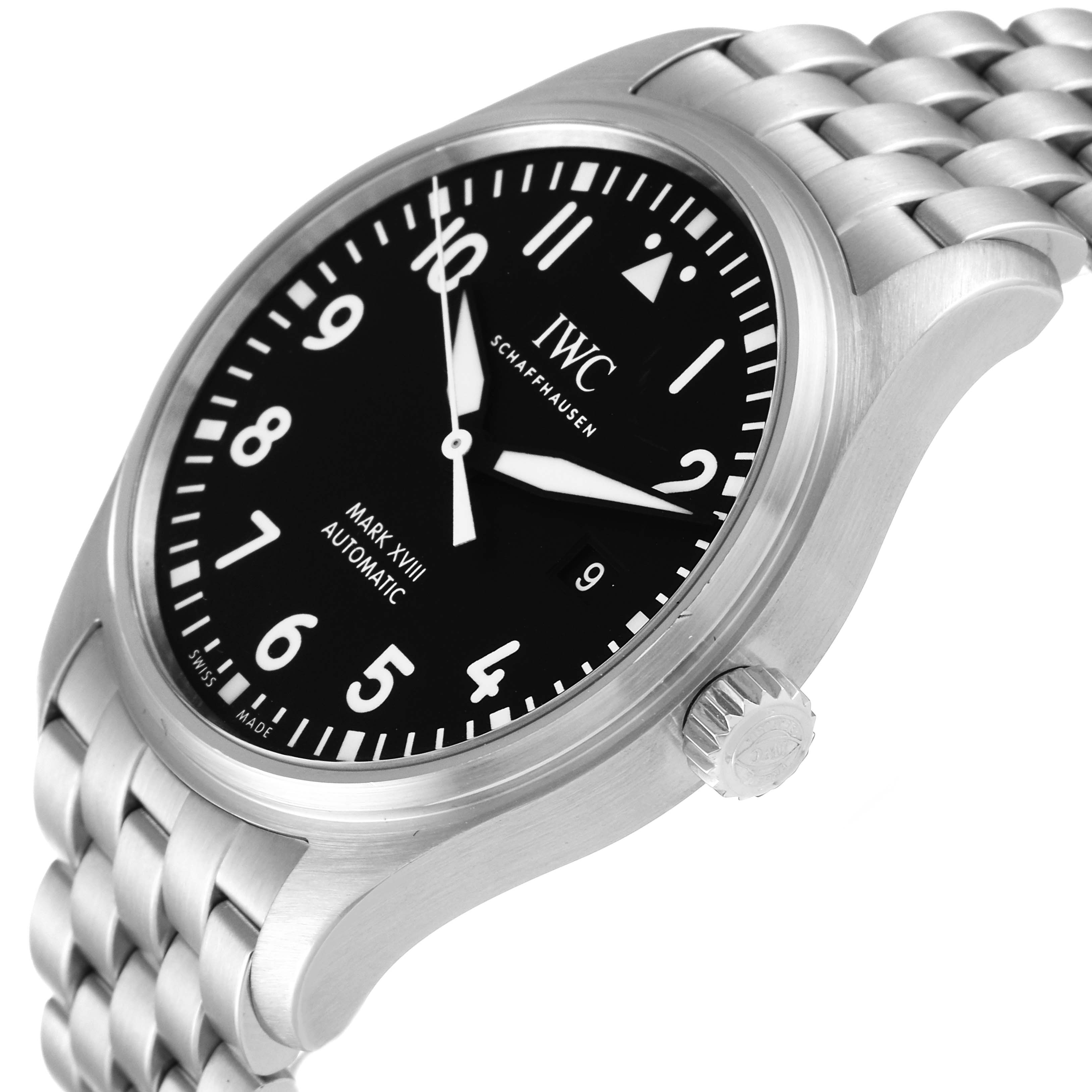 This IWC Pilot IW327015 Men's Stainless Steel Black Dial IW327015 Men's Stainless Steel Black Dial Mark XVIII watch is shown at a slight upper-right angle, displaying its full face, crown, and part of the metal bracelet.