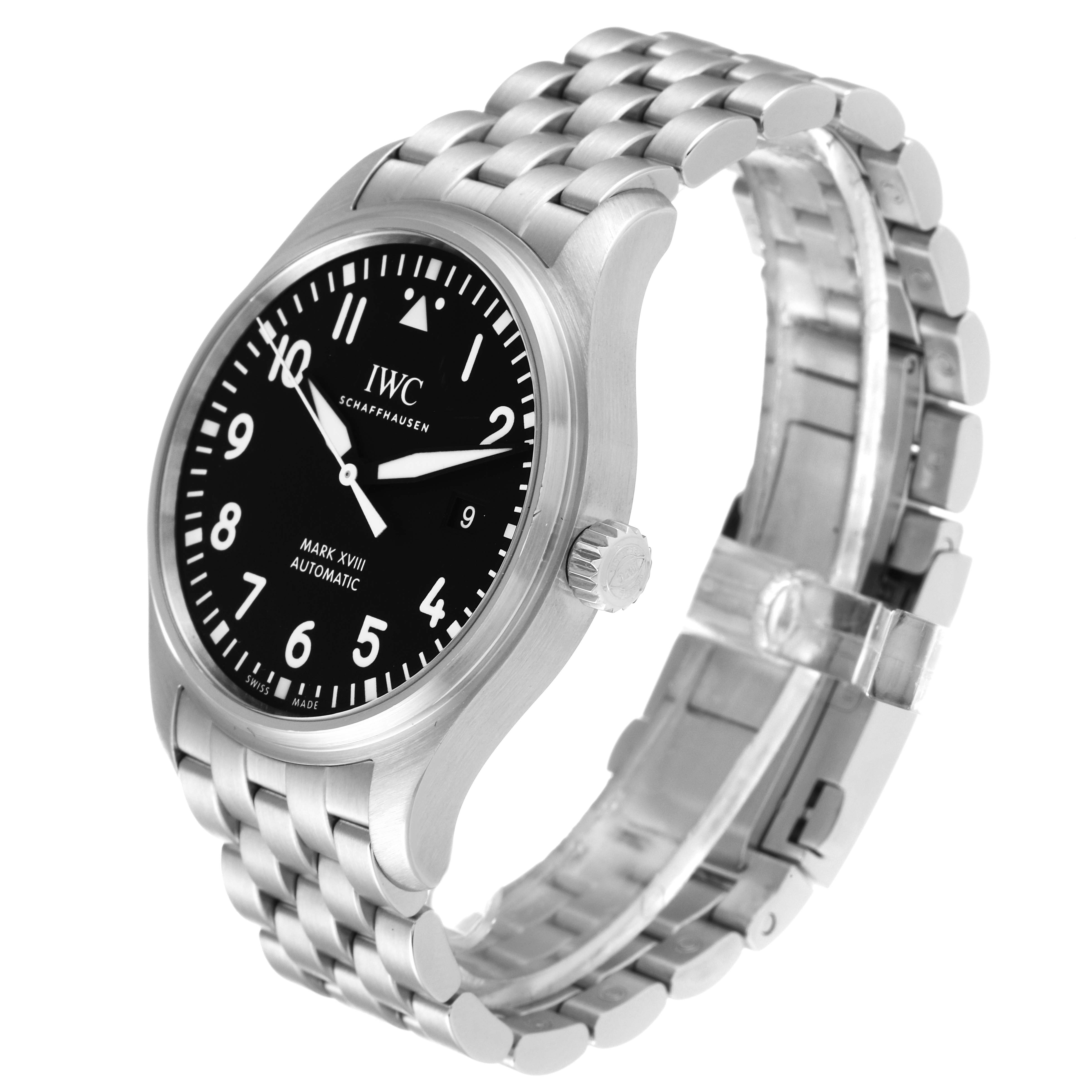 The image shows an IWC Pilot IW327015 Men's Stainless Steel Black Dial IW327015 Men's Stainless Steel Black Dial Mark XVIII watch from an angled side view, highlighting the dial, crown, and metal bracelet.