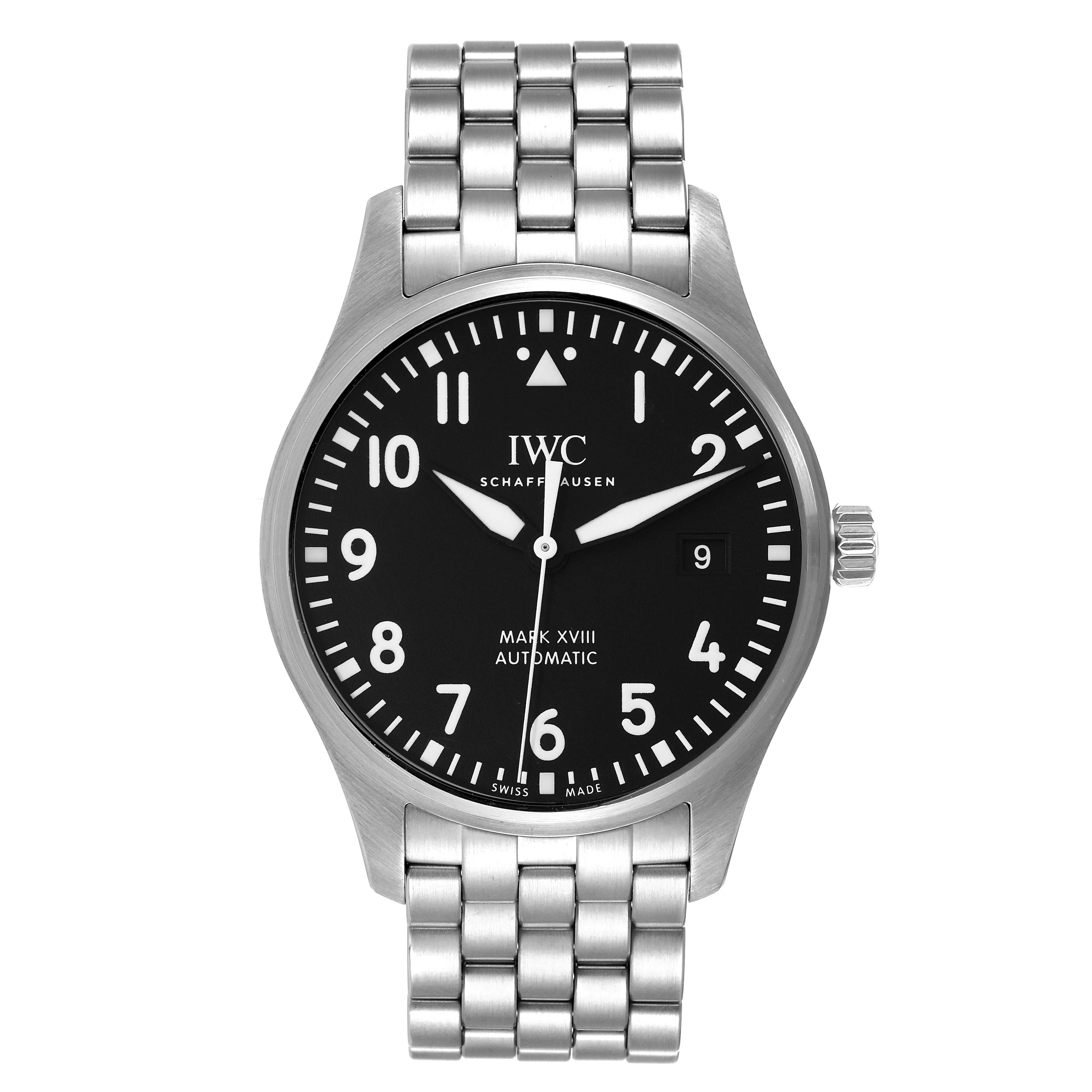 The image shows a front view of the IWC Pilot IW327015 Men's Stainless Steel Black Dial IW327015 Men's Stainless Steel Black Dial Mark XVIII Automatic watch, featuring its dial, bezel, crown, and stainless steel bracelet.