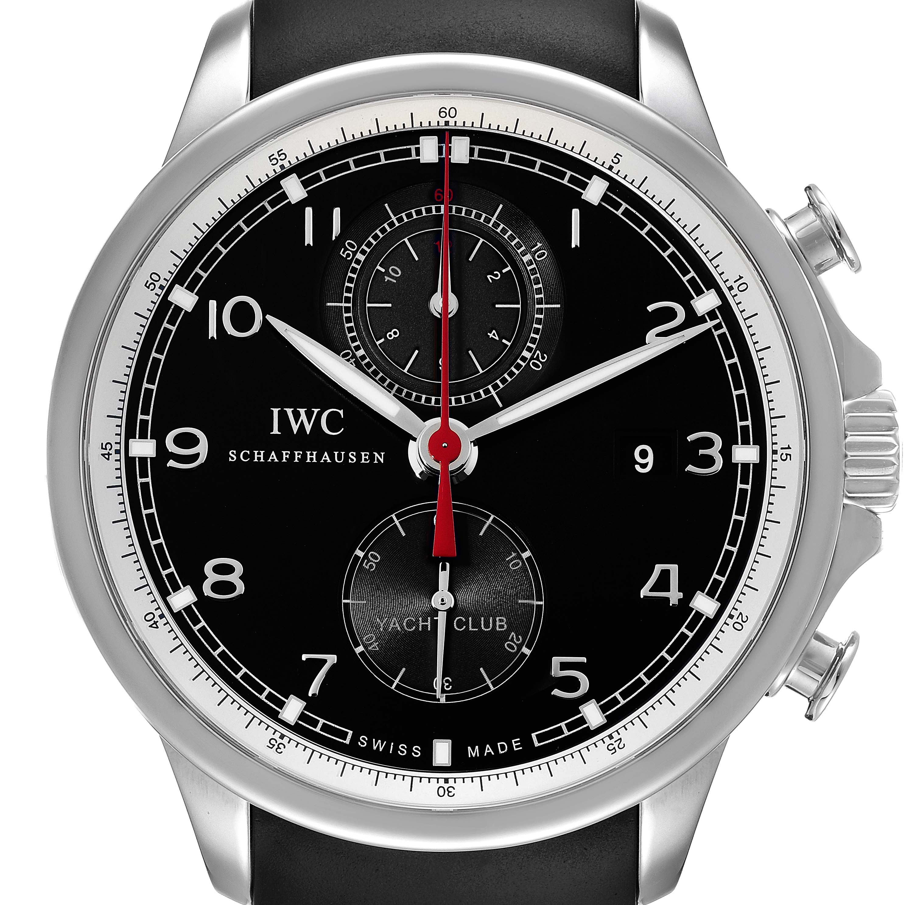 This is a close-up view of the IWC Portuguese IW390210 Men's Stainless Steel Black Dial IW390210 Men's Stainless Steel Black Dial Yacht Club watch, showcasing the black dial, hands, subdials, and crown.