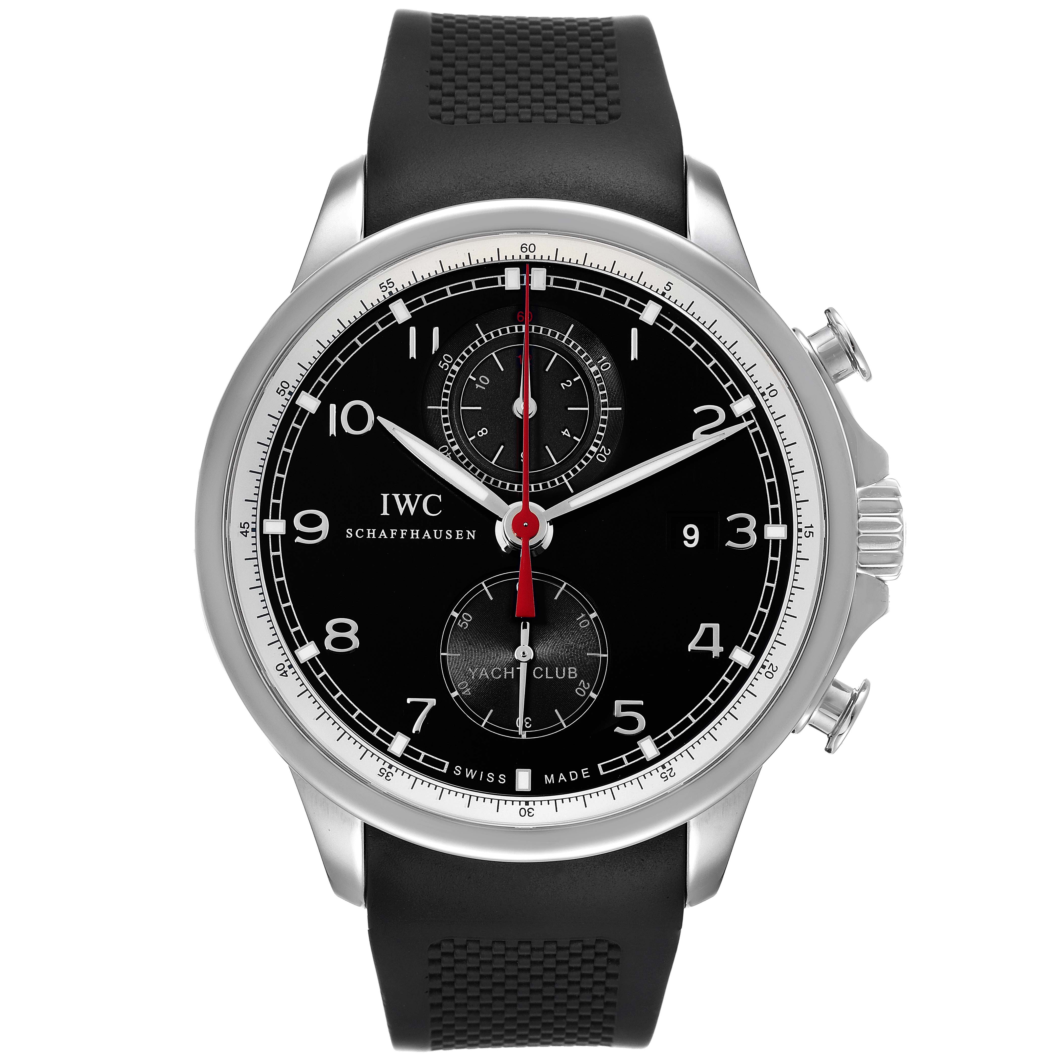 This image shows a front view of the IWC Portuguese IW390210 Men's Stainless Steel Black Dial IW390210 Men's Stainless Steel Black Dial watch, featuring its black dial, numerals, and chronograph subdials.