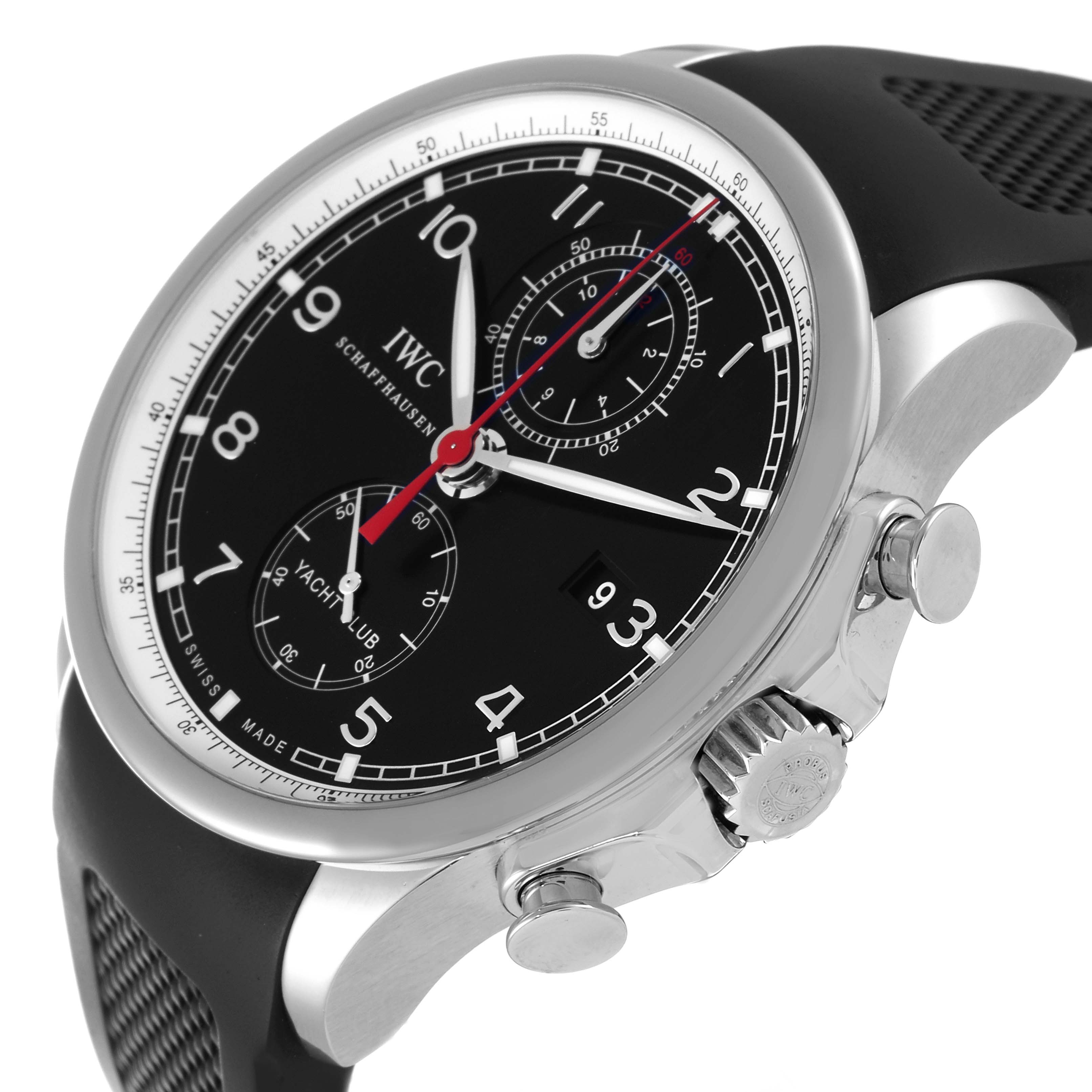 The image shows an angled view of an IWC Portuguese IW390210 Men's Stainless Steel Black Dial IW390210 Men's Stainless Steel Black Dial Yacht Club watch, highlighting its black dial, chronograph subdials, and side crown.