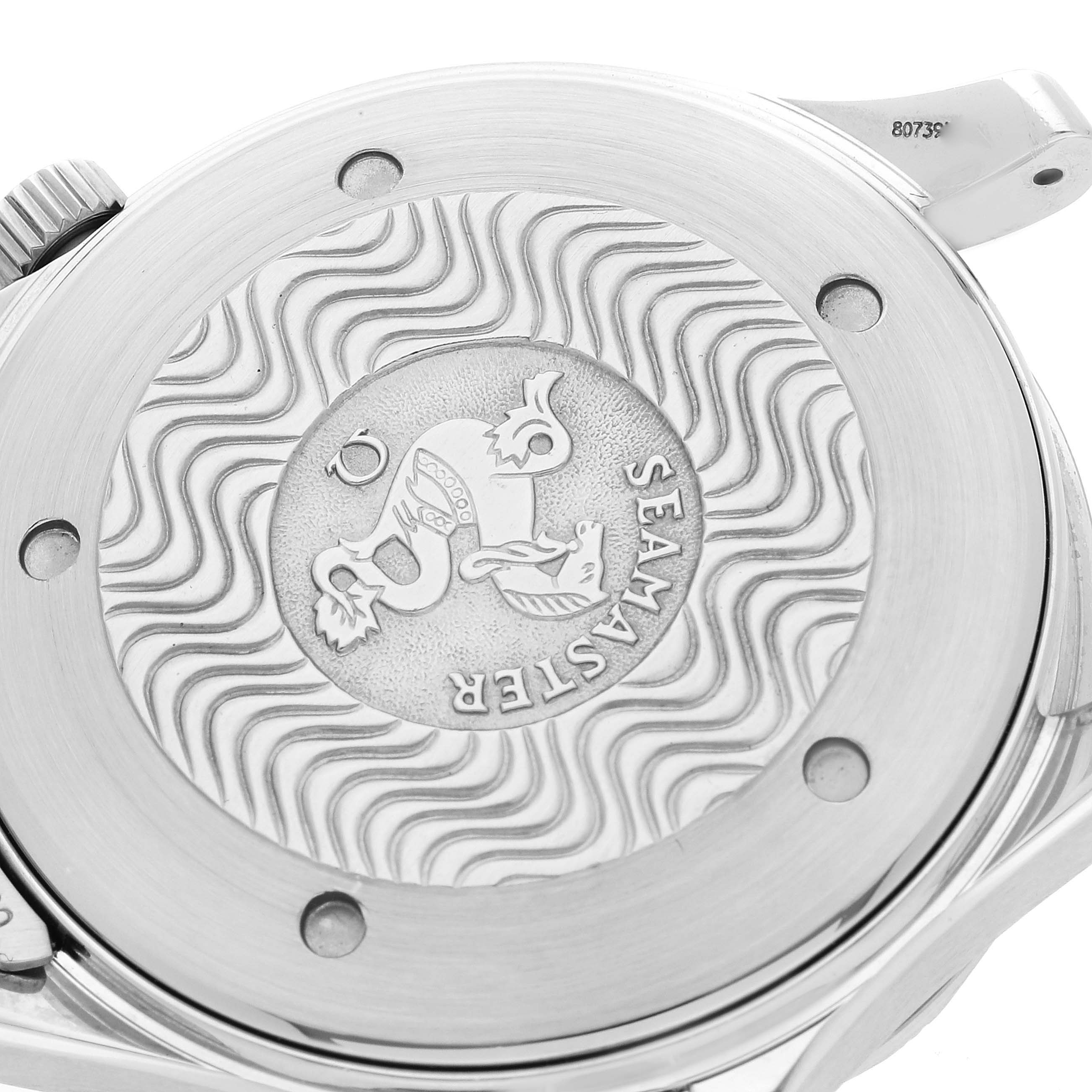 This image shows the case back of an Omega Seamaster 2255.80.00 Men's Stainless Steel Blue Dial 2255.80.00 Men's Stainless Steel Blue Dial watch, highlighting its engraving and wave pattern.