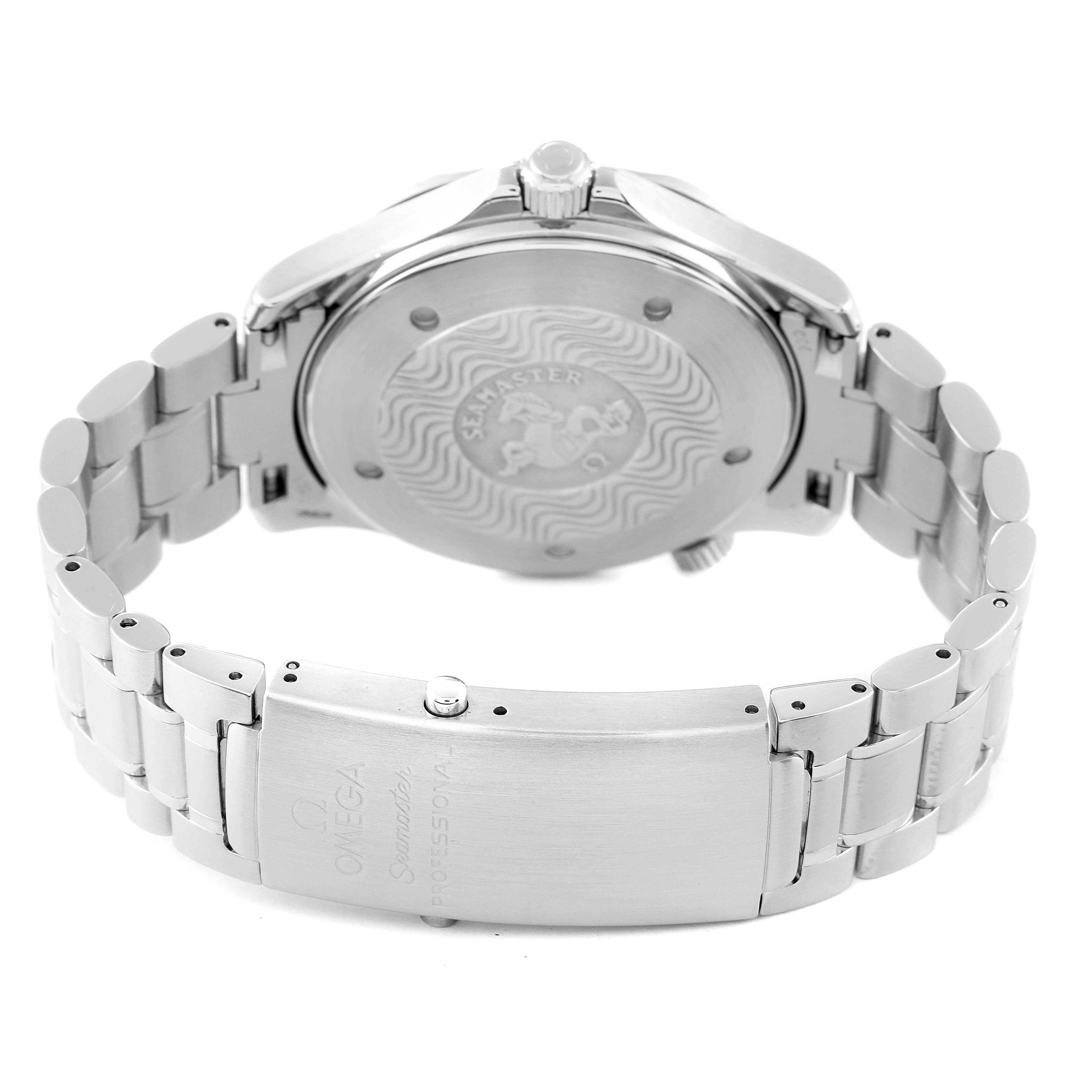 The image shows the back case, crown, and metal bracelet of the Omega Seamaster 2255.80.00 Men's Stainless Steel Blue Dial 2255.80.00 Men's Stainless Steel Blue Dial model watch.