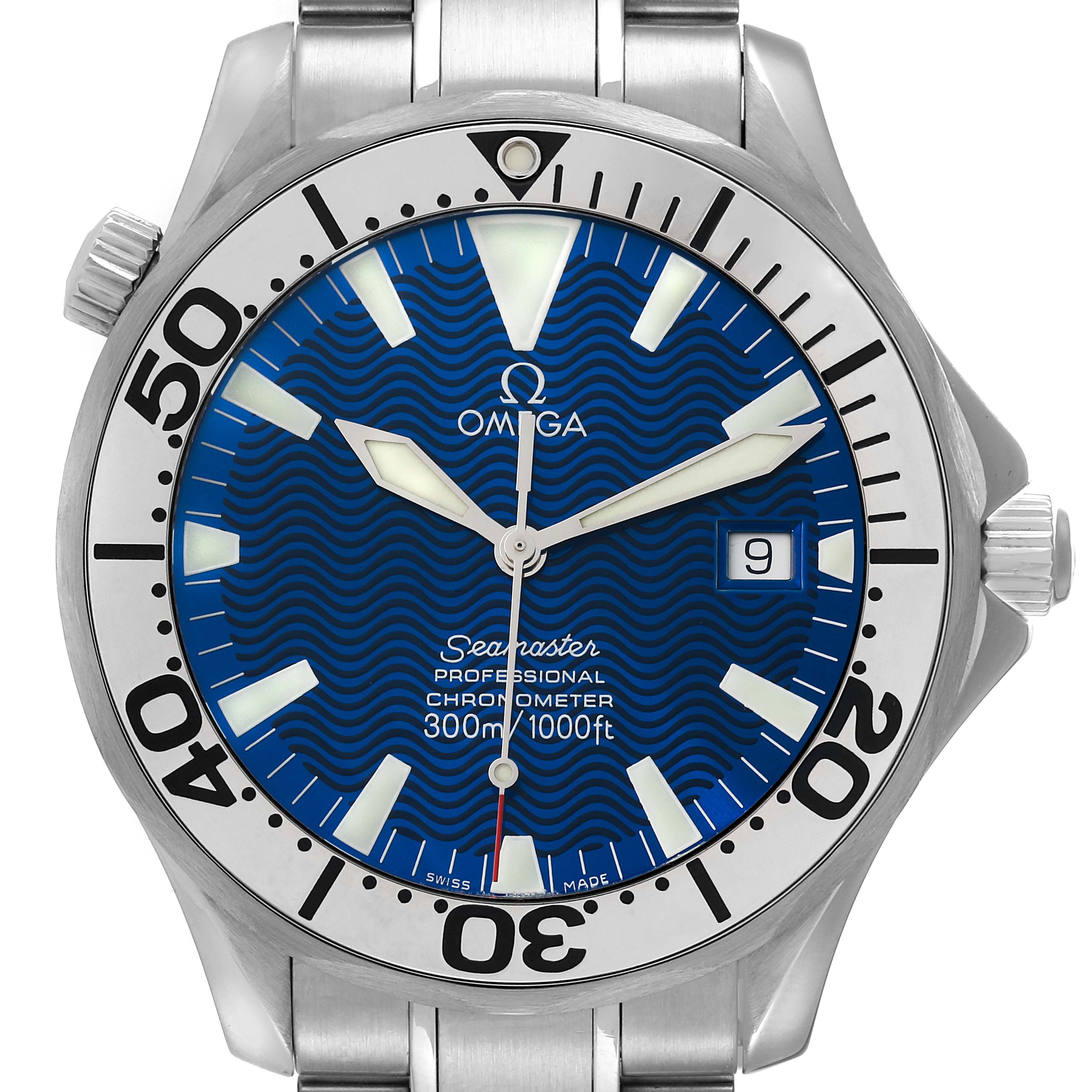 The image shows a front view of the Omega Seamaster 2255.80.00 Men's Stainless Steel Blue Dial 2255.80.00 Men's Stainless Steel Blue Dial watch, displaying the dial, bezel, hands, markers, and date window.