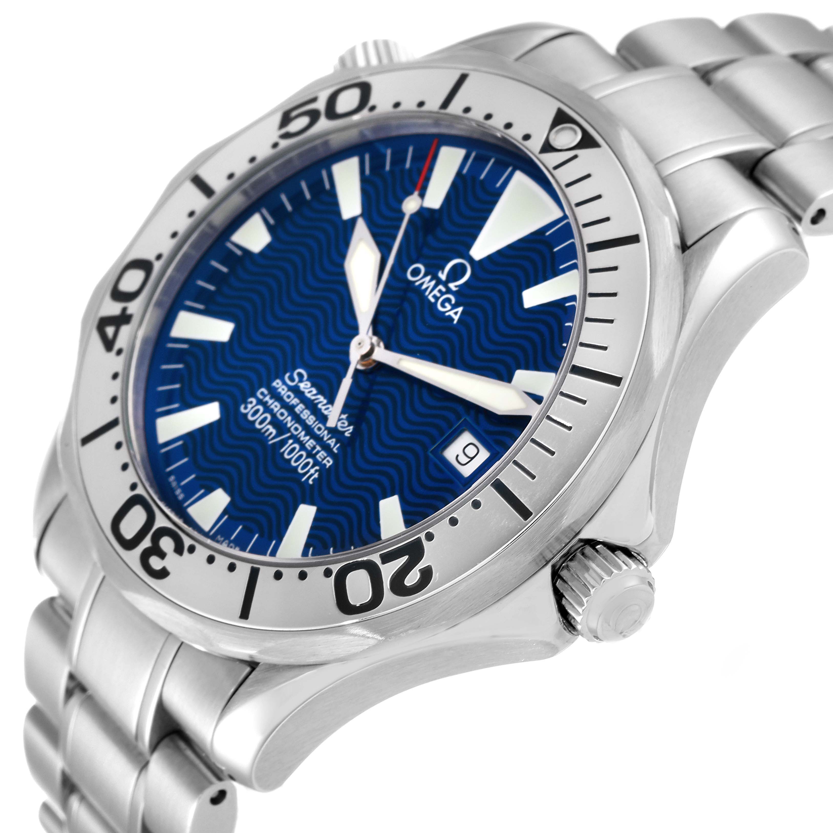 The Omega Seamaster 2255.80.00 Men's Stainless Steel Blue Dial 2255.80.00 Men's Stainless Steel Blue Dial watch is shown at an angle highlighting the bezel, face, crown, and part of the bracelet.