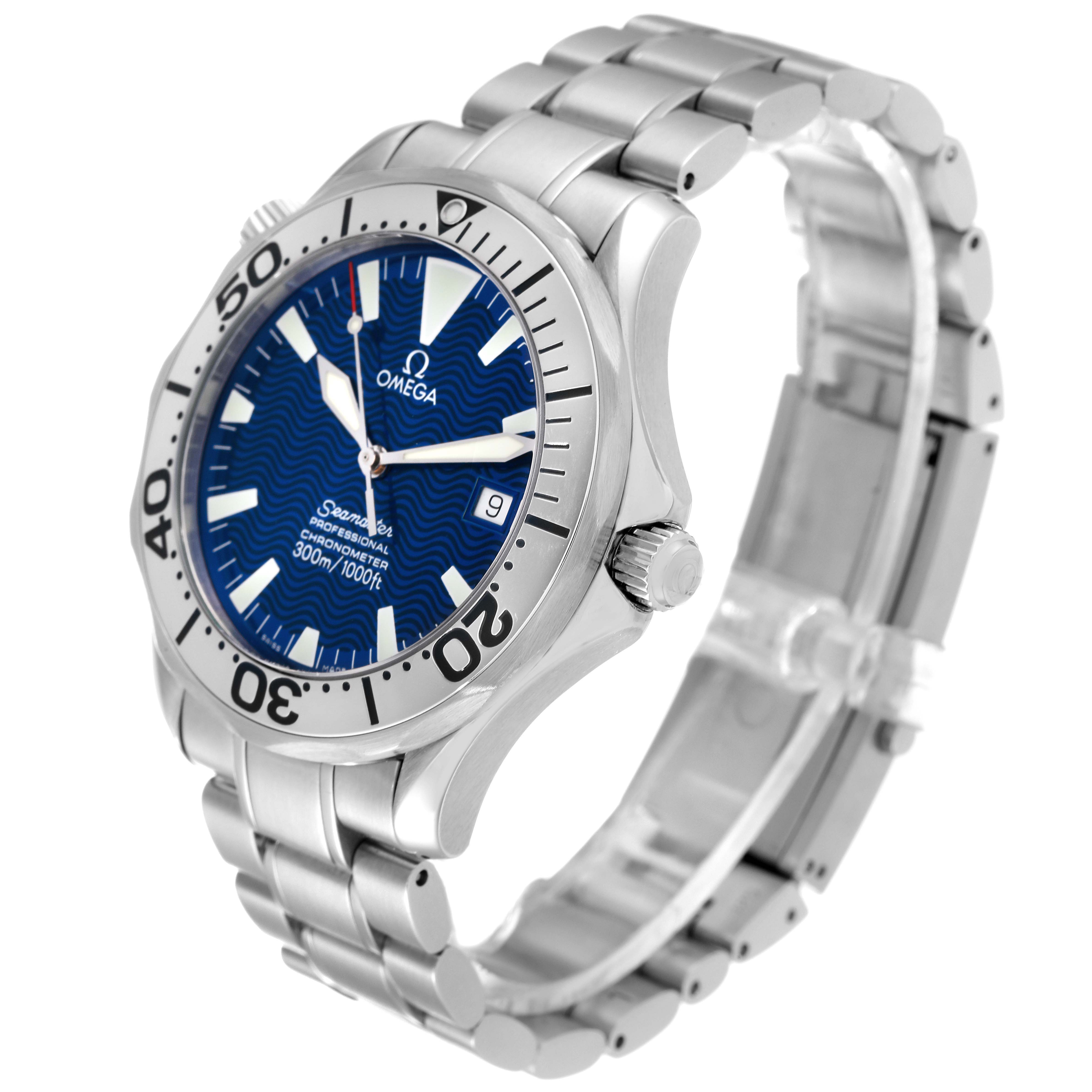 The Omega Seamaster 2255.80.00 Men's Stainless Steel Blue Dial 2255.80.00 Men's Stainless Steel Blue Dial watch is shown at a three-quarter angle, highlighting the face, bezel, crown, and stainless steel bracelet.