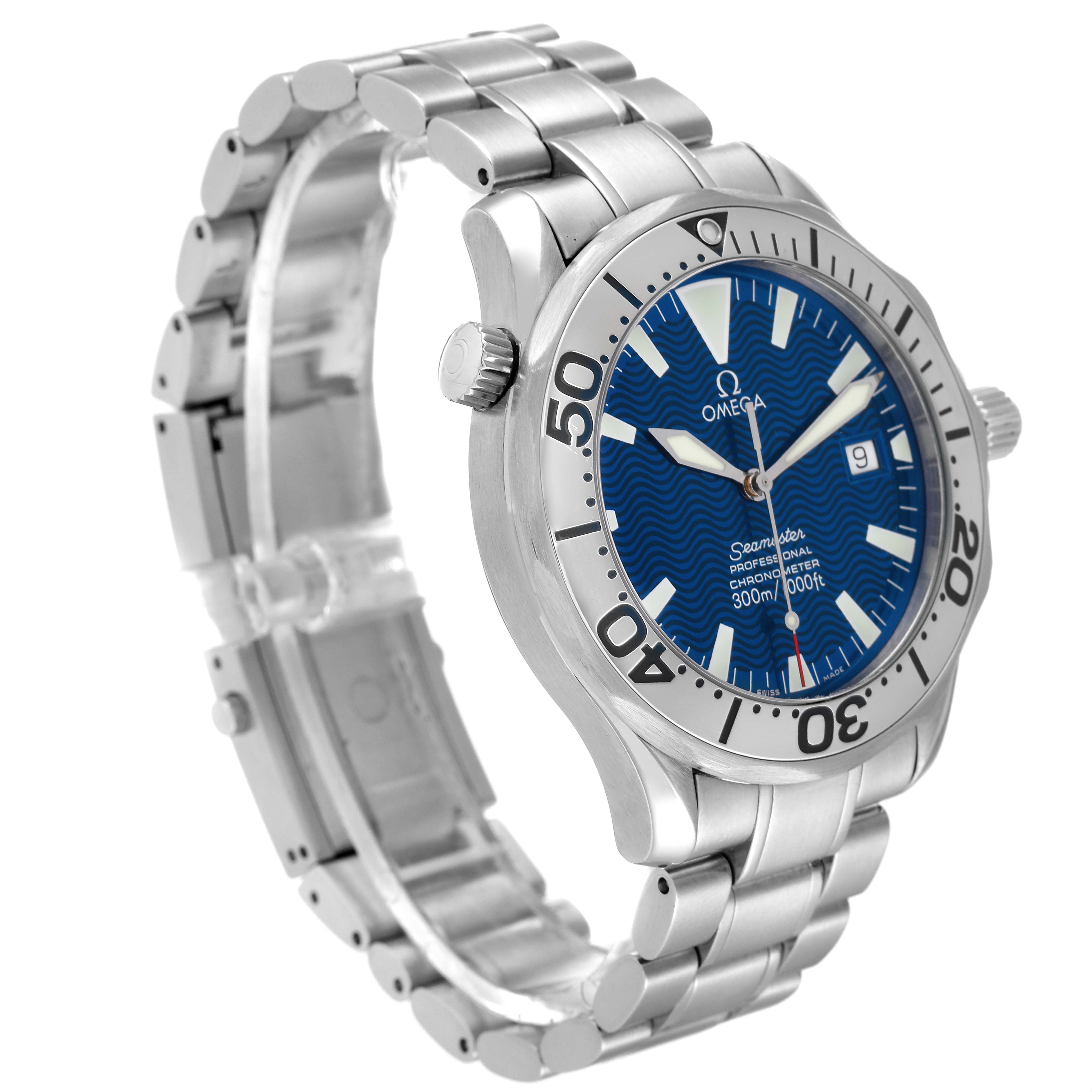The image shows an angled view of the Omega Seamaster 2255.80.00 Men's Stainless Steel Blue Dial 2255.80.00 Men's Stainless Steel Blue Dial watch, highlighting its face, bezel, crown, and metal bracelet.