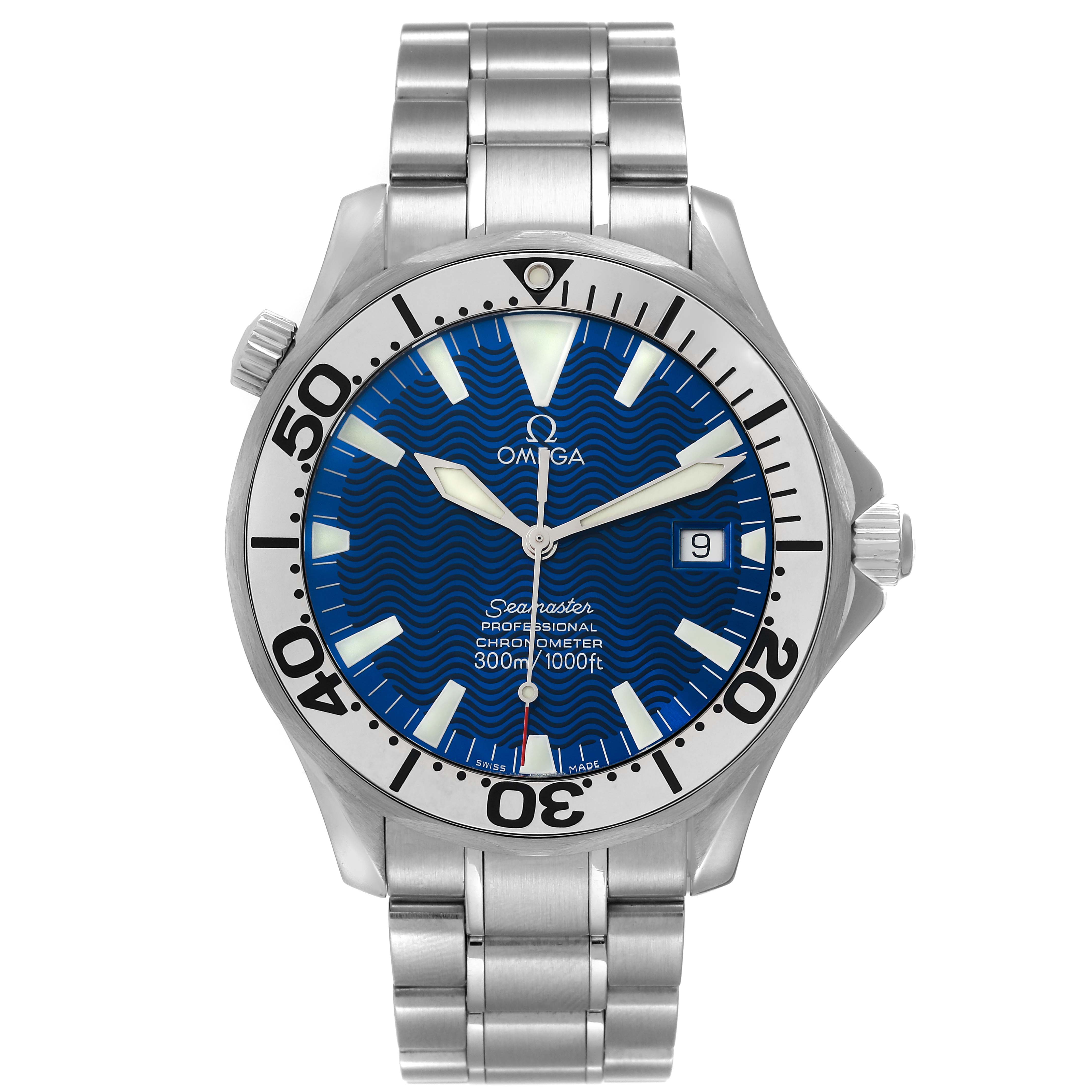 The Omega Seamaster 2255.80.00 Men's Stainless Steel Blue Dial 2255.80.00 Men's Stainless Steel Blue Dial watch is shown from a front angle, highlighting its blue dial, stainless steel bracelet, and bezel.