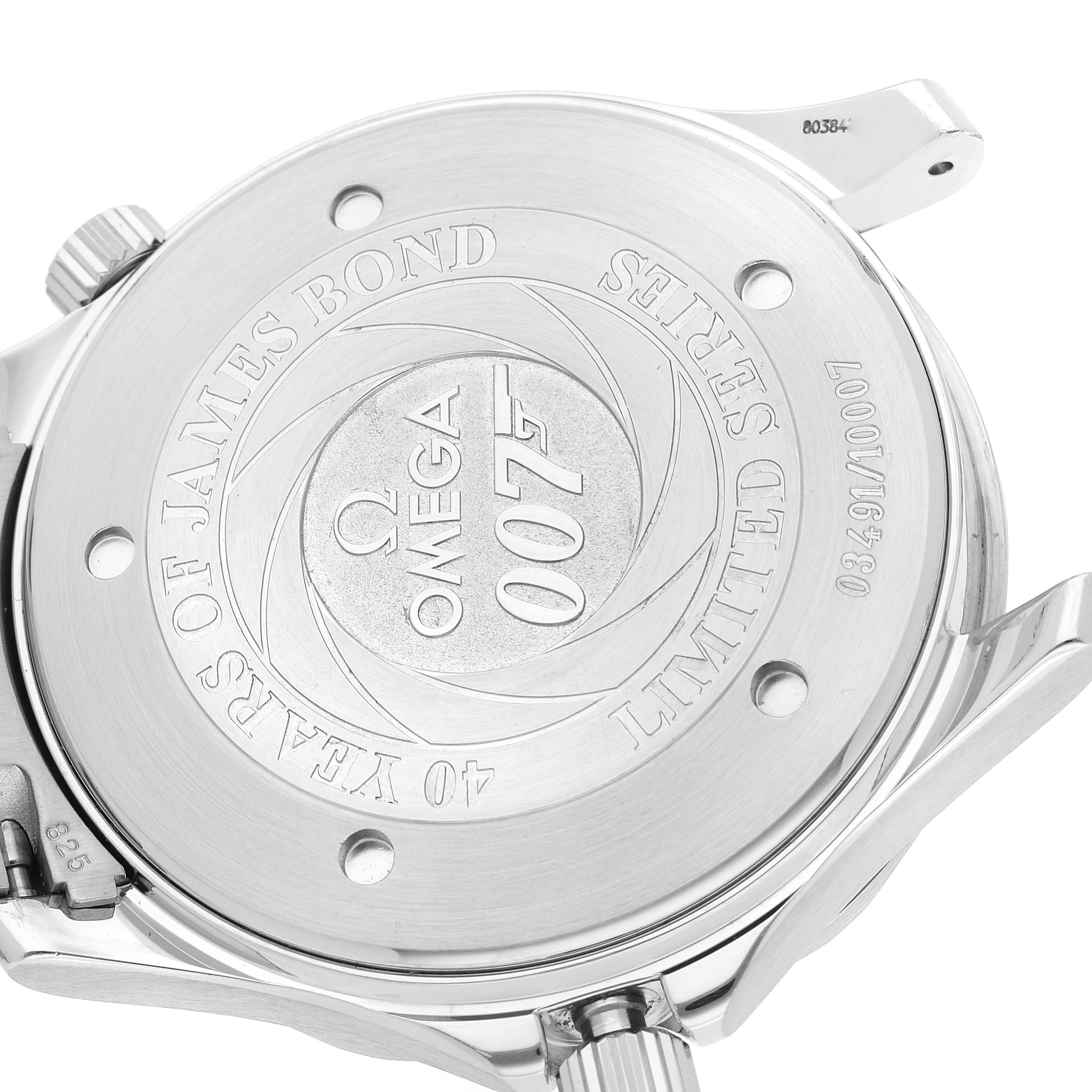 This image shows the case back of the Omega Seamaster 2537.80.00 Men's Stainless Steel Blue Dial 2537.80.00 Men's Stainless Steel Blue Dial watch, featuring an engraving commemorating the James Bond series.