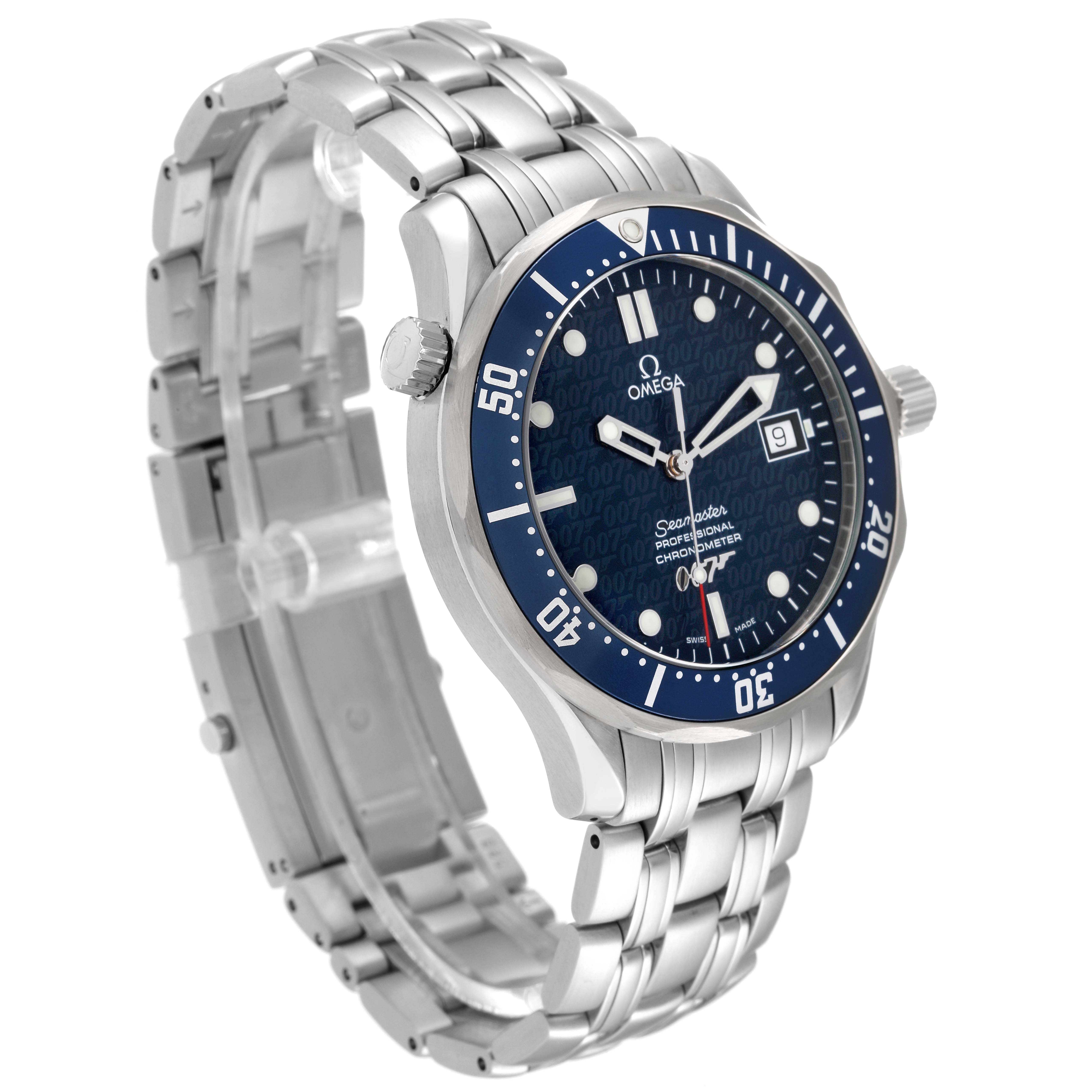 The Omega Seamaster 2537.80.00 Men's Stainless Steel Blue Dial 2537.80.00 Men's Stainless Steel Blue Dial watch is shown at a three-quarter angle, displaying its blue dial, bezel with markers, and metal bracelet.