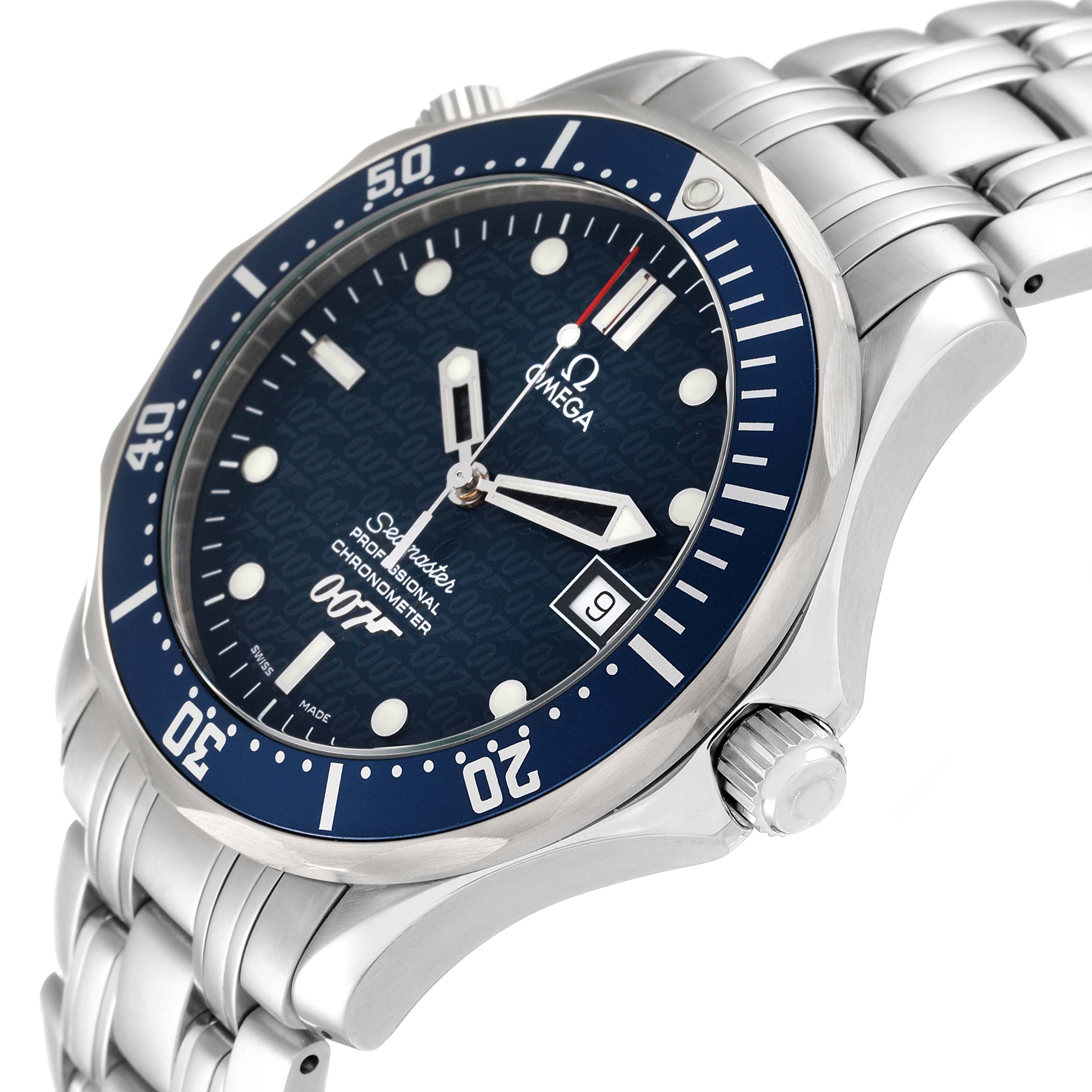 The Omega Seamaster 2537.80.00 Men's Stainless Steel Blue Dial 2537.80.00 Men's Stainless Steel Blue Dial watch is shown at an angle highlighting the face, bezel, crown, and part of the bracelet.