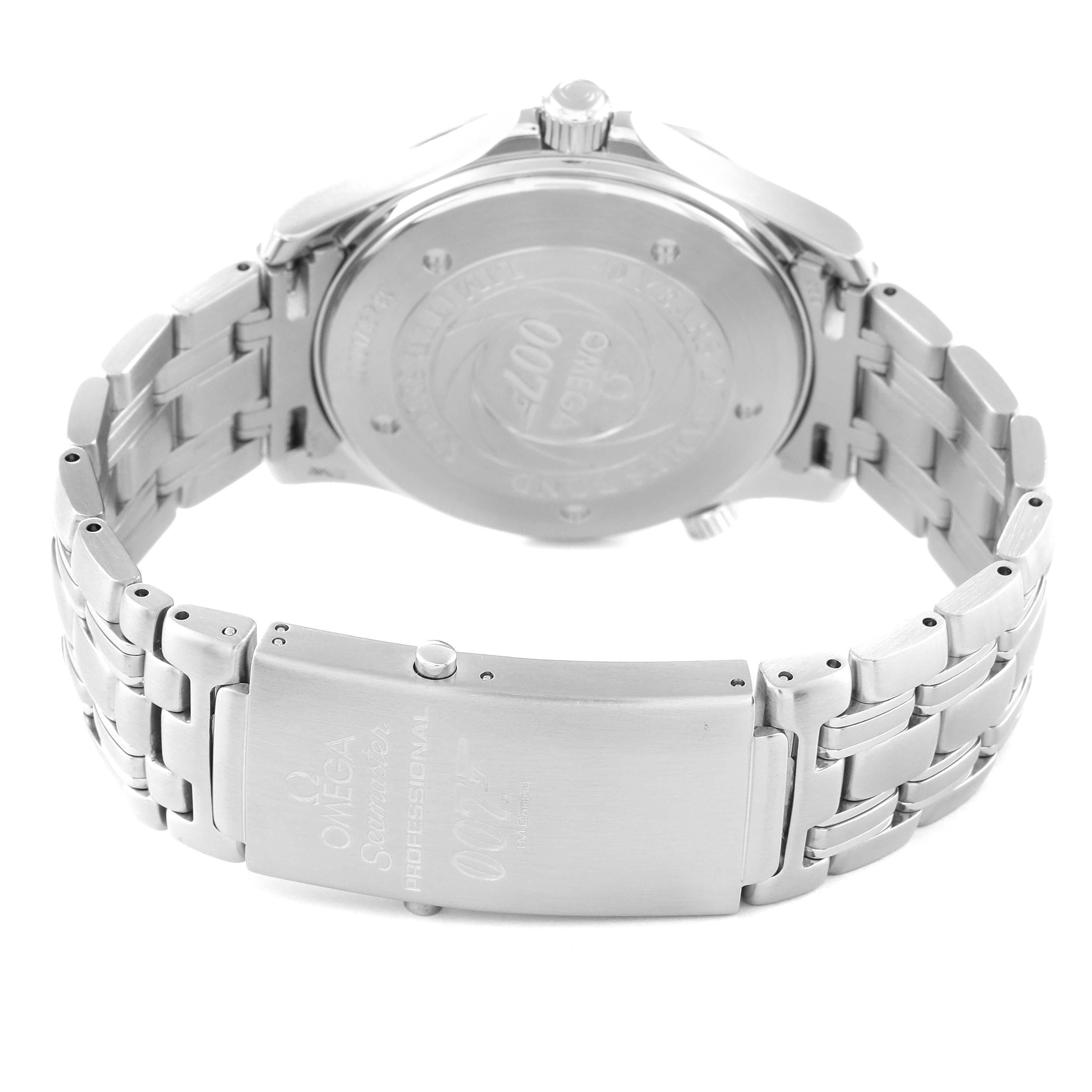 The image shows the back view and clasp of an Omega Seamaster 2537.80.00 Men's Stainless Steel Blue Dial 2537.80.00 Men's Stainless Steel Blue Dial watch with a focus on its bracelet and case back.