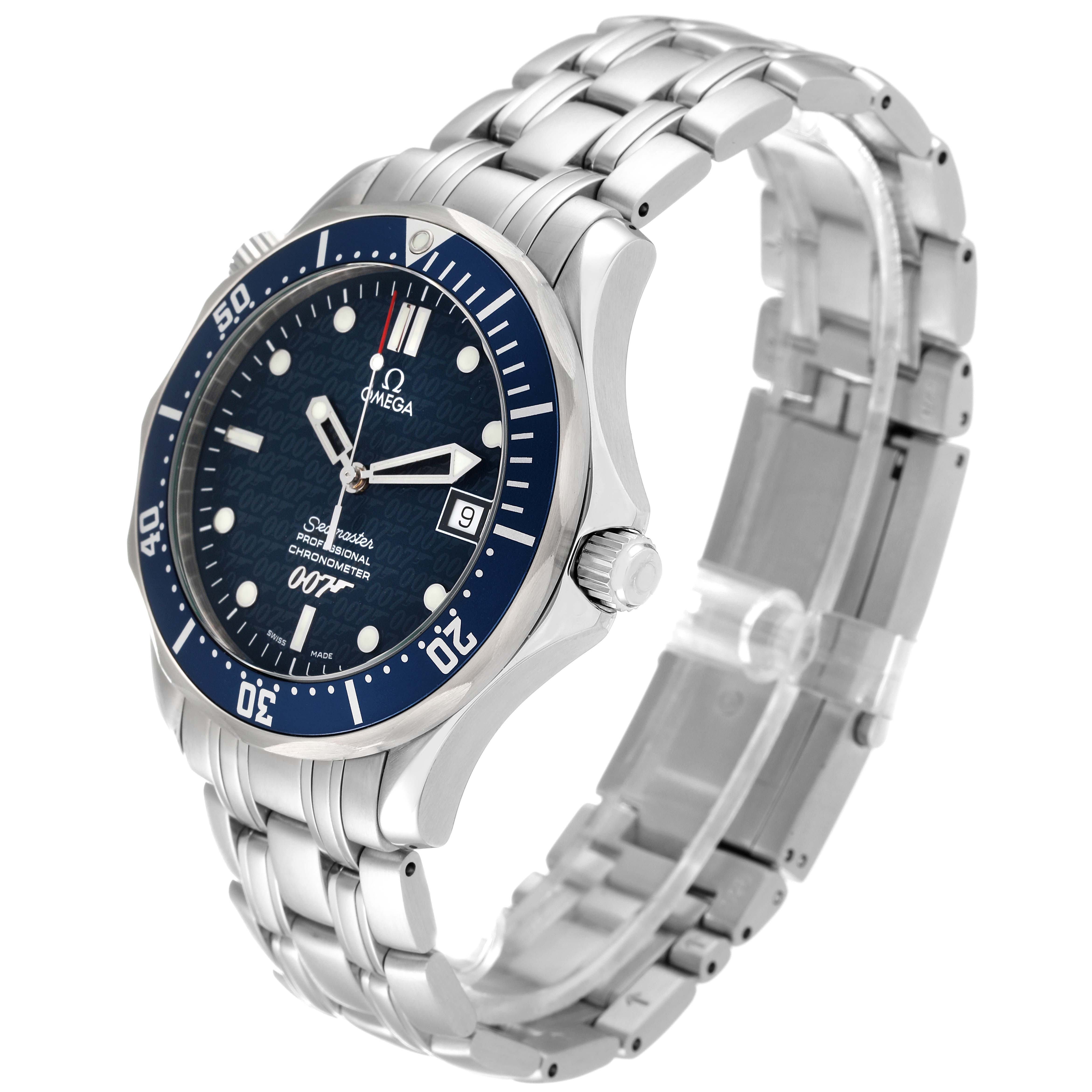 The image shows a side angle view of the Omega Seamaster 2537.80.00 Men's Stainless Steel Blue Dial 2537.80.00 Men's Stainless Steel Blue Dial watch, highlighting its blue dial, bezel, and stainless steel bracelet.