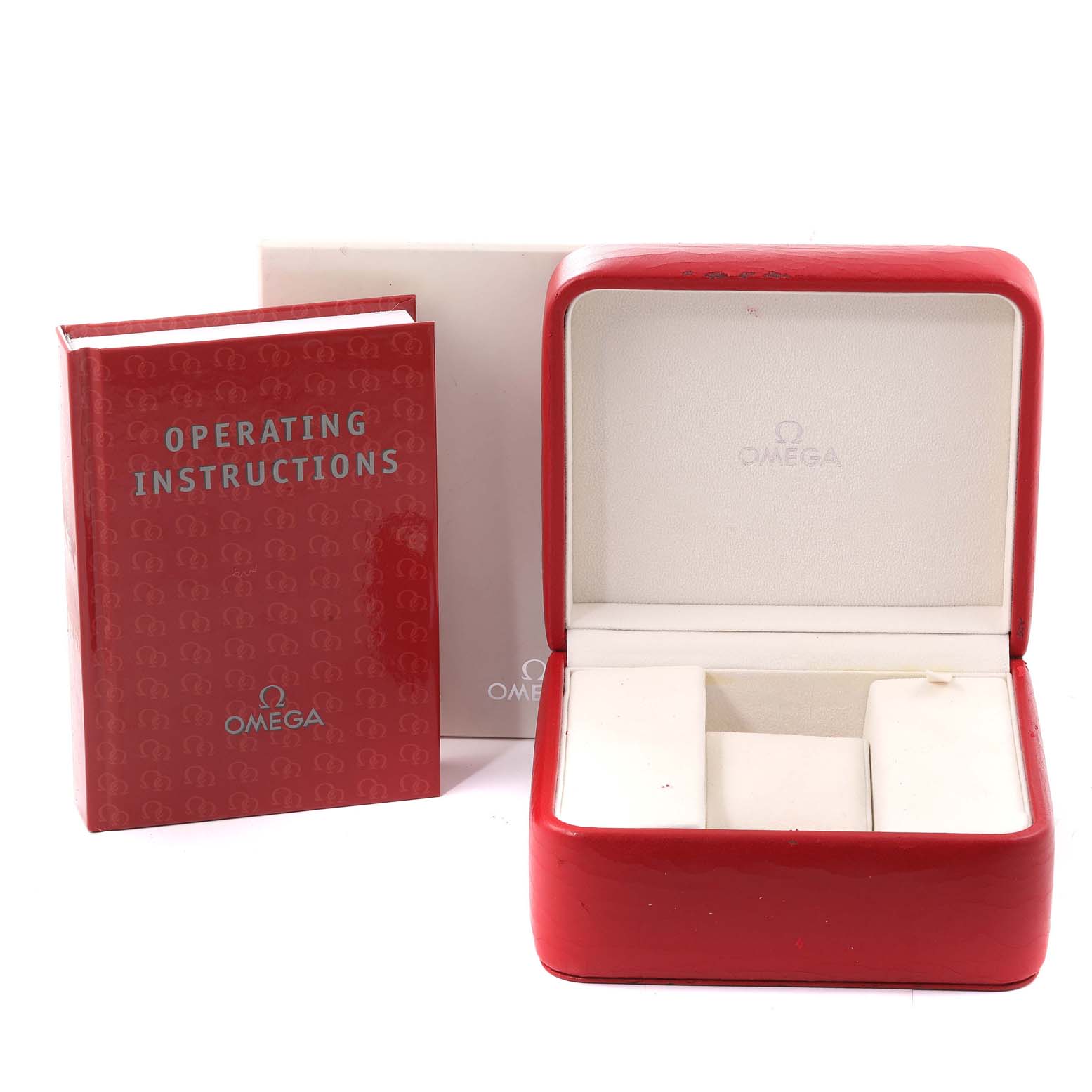 The image shows an Omega Seamaster 2541.80.00 Men's Stainless Steel  2541.80.00 Men's Stainless Steel  watch box, along with the operating instructions booklet.