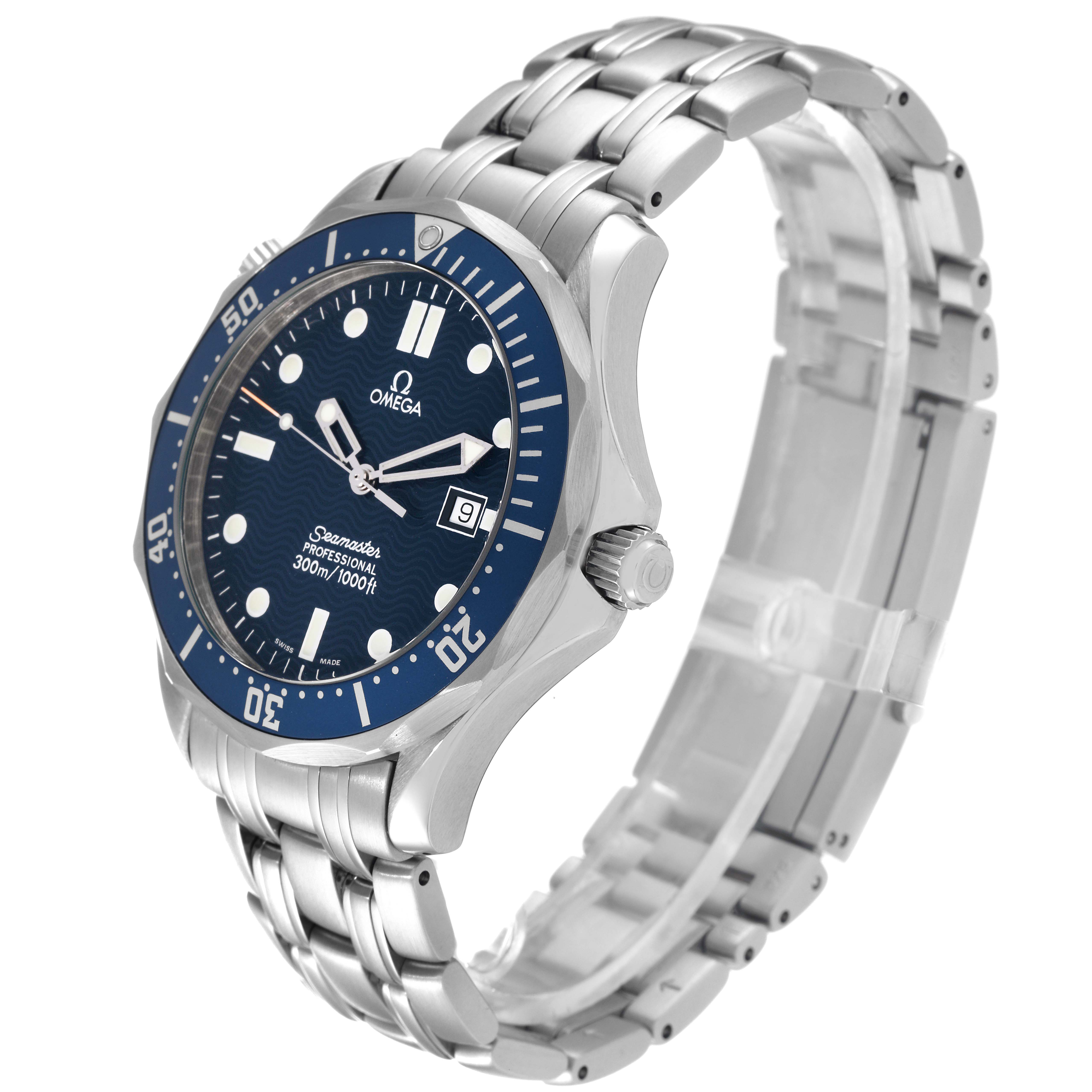 The Omega Seamaster 2541.80.00 Men's Stainless Steel  2541.80.00 Men's Stainless Steel  watch is shown at a three-quarter angle, displaying its face, bezel, crown, and stainless steel bracelet.