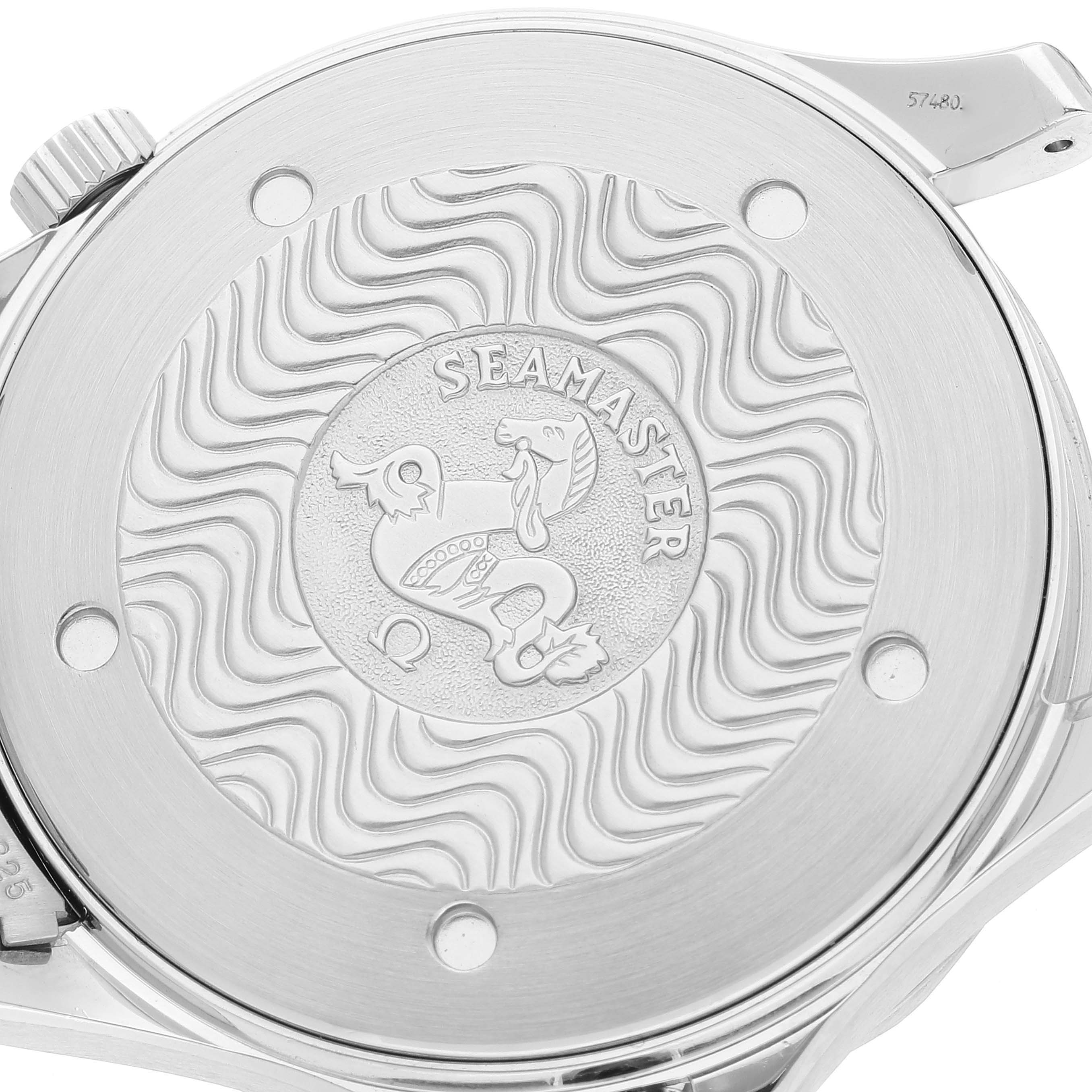 The image shows the back case and crown of an Omega Seamaster 2541.80.00 Men's Stainless Steel  2541.80.00 Men's Stainless Steel  watch from a slightly angled view.