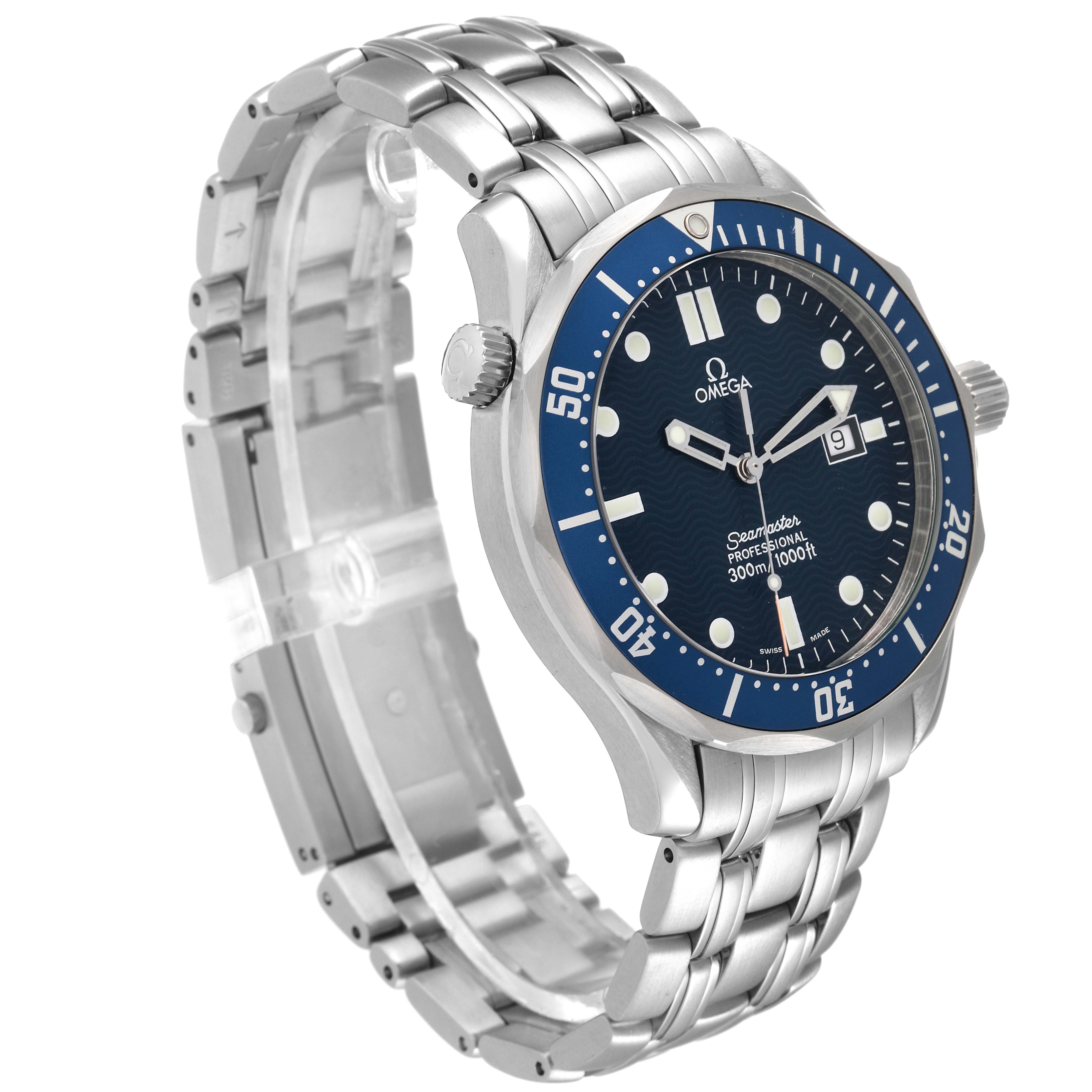 The Omega Seamaster 2541.80.00 Men's Stainless Steel  2541.80.00 Men's Stainless Steel  watch is shown at a three-quarter angle, highlighting the dial, bezel, crown, and stainless steel bracelet.