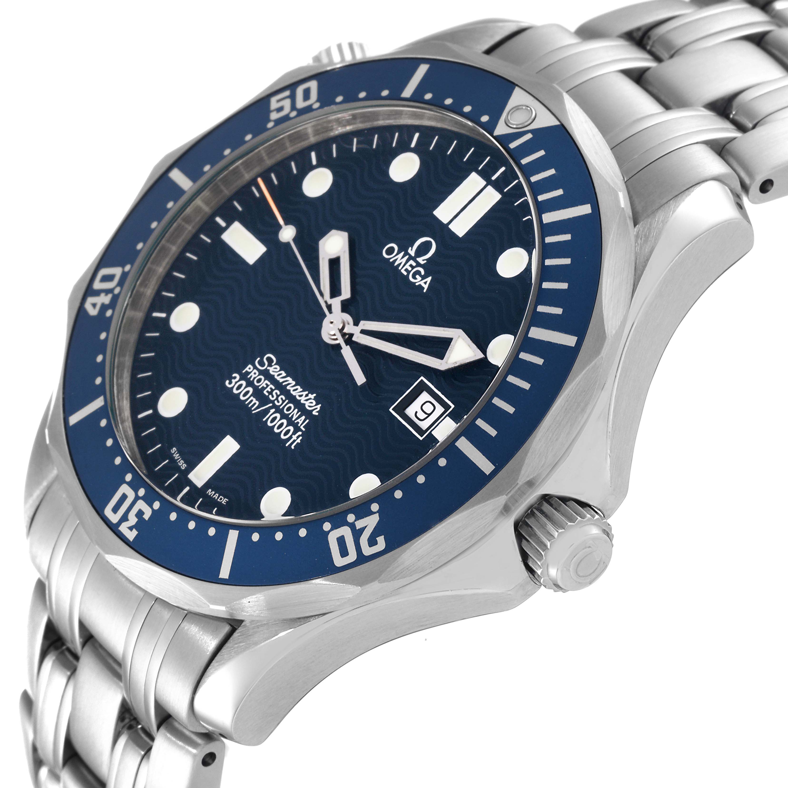 The image shows the Omega Seamaster 2541.80.00 Men's Stainless Steel  2541.80.00 Men's Stainless Steel  watch at a slight angle, highlighting the bezel, face, crown, and part of the bracelet.