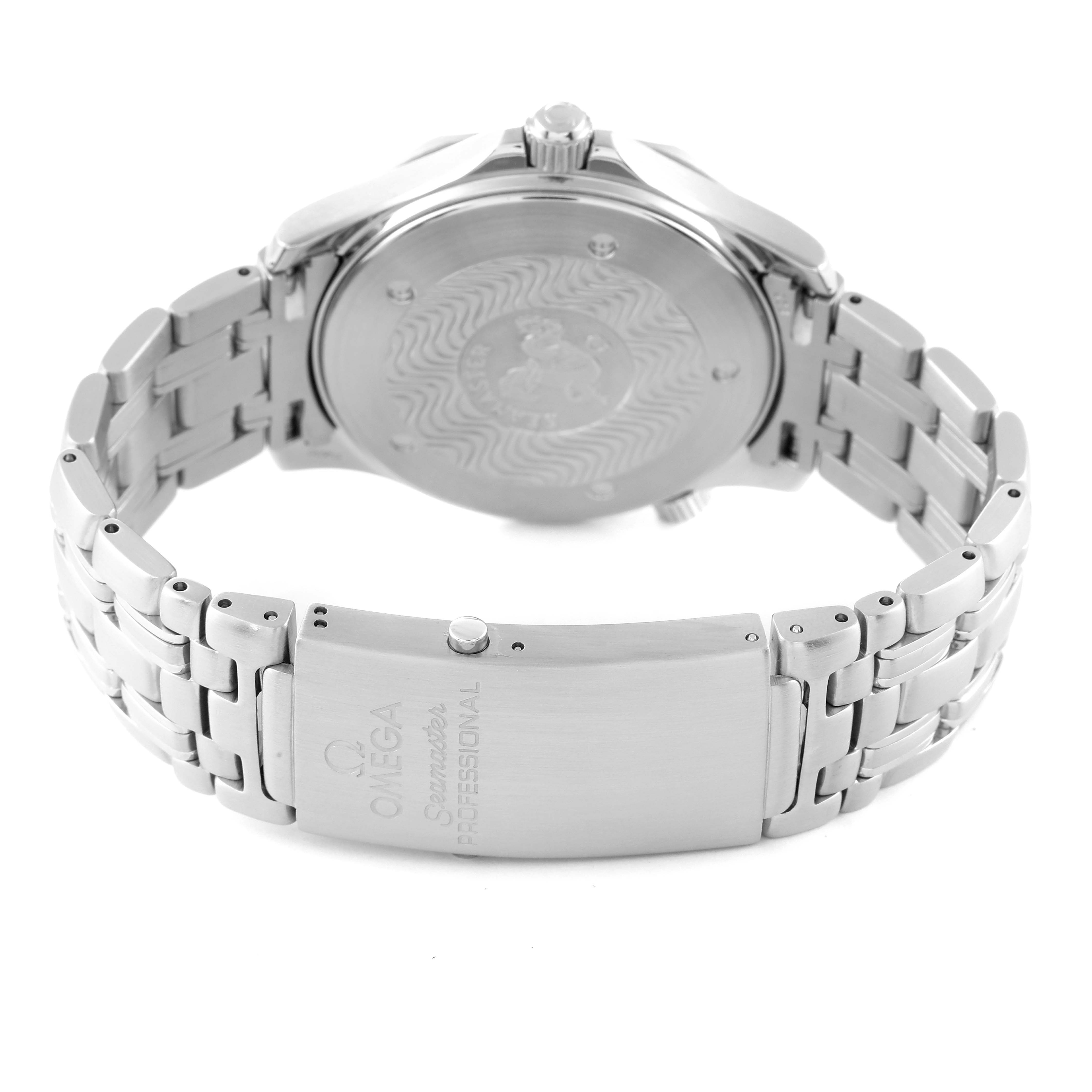 The image shows the rear view of the Omega Seamaster 2541.80.00 Men's Stainless Steel  2541.80.00 Men's Stainless Steel  watch, focusing on the case back and metal bracelet with clasp.