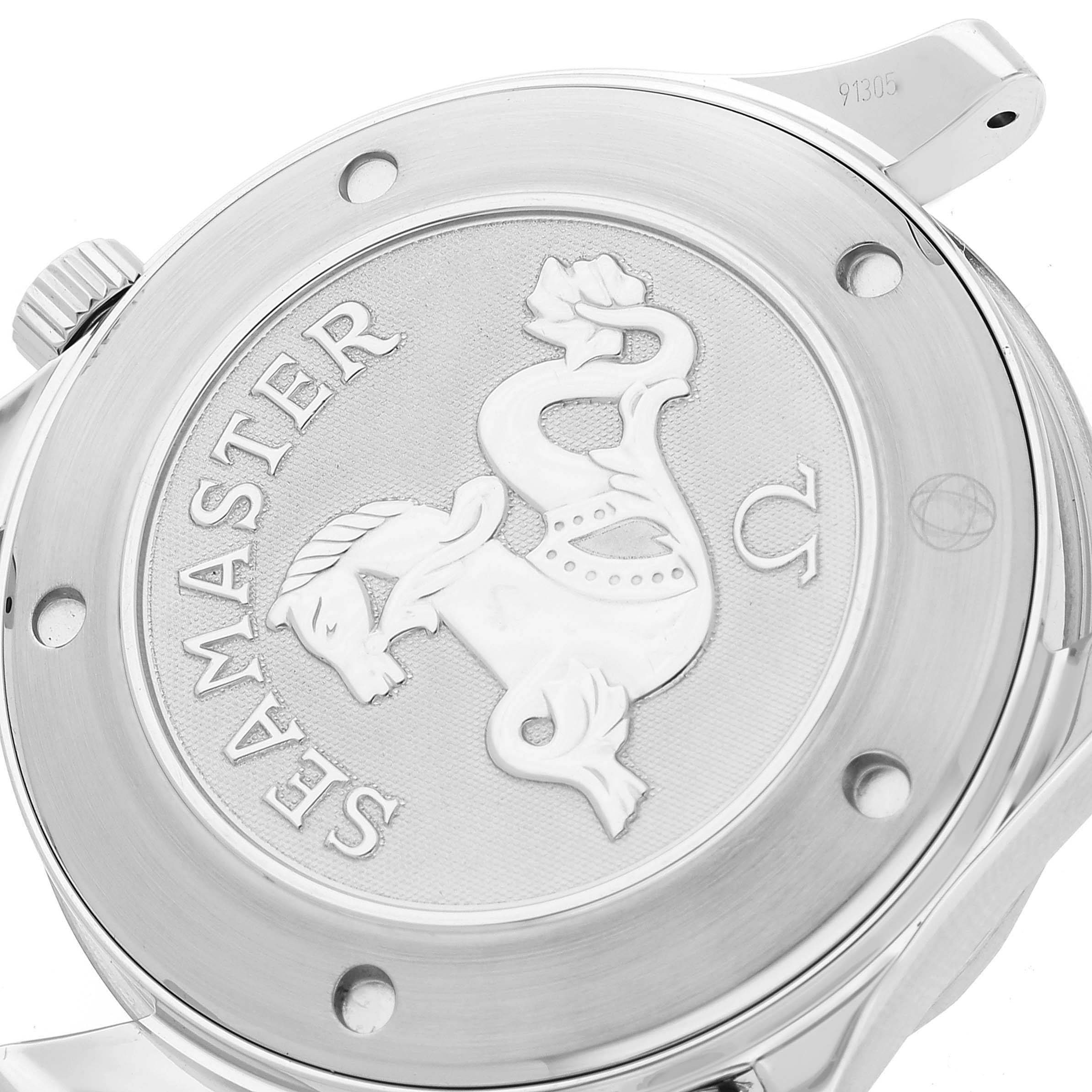 The image shows the back case of an Omega Seamaster 2221.80.00 Men
s Stainless Steel Blue Dial 2221.80.00 Men
s Stainless Steel Blue Dial watch, featuring the Seamaster logo and intricate engravings.