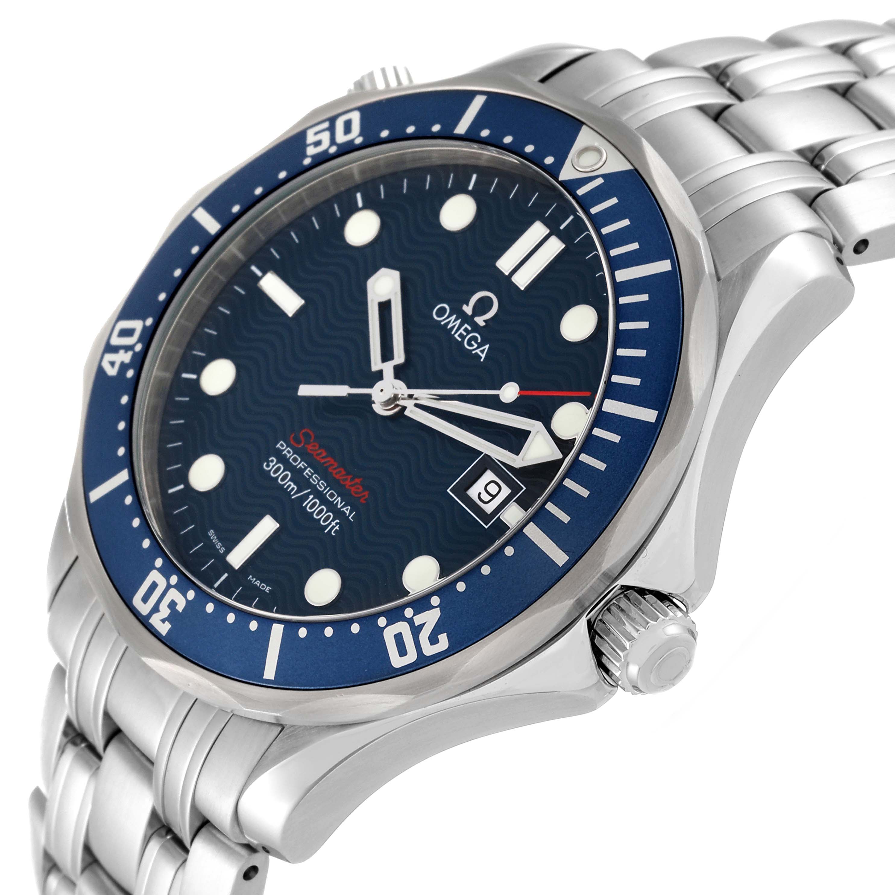 The image shows a close-up angled view of the Omega Seamaster 2221.80.00 Men
s Stainless Steel Blue Dial 2221.80.00 Men
s Stainless Steel Blue Dial watch, highlighting the bezel, dial, crown, and bracelet.