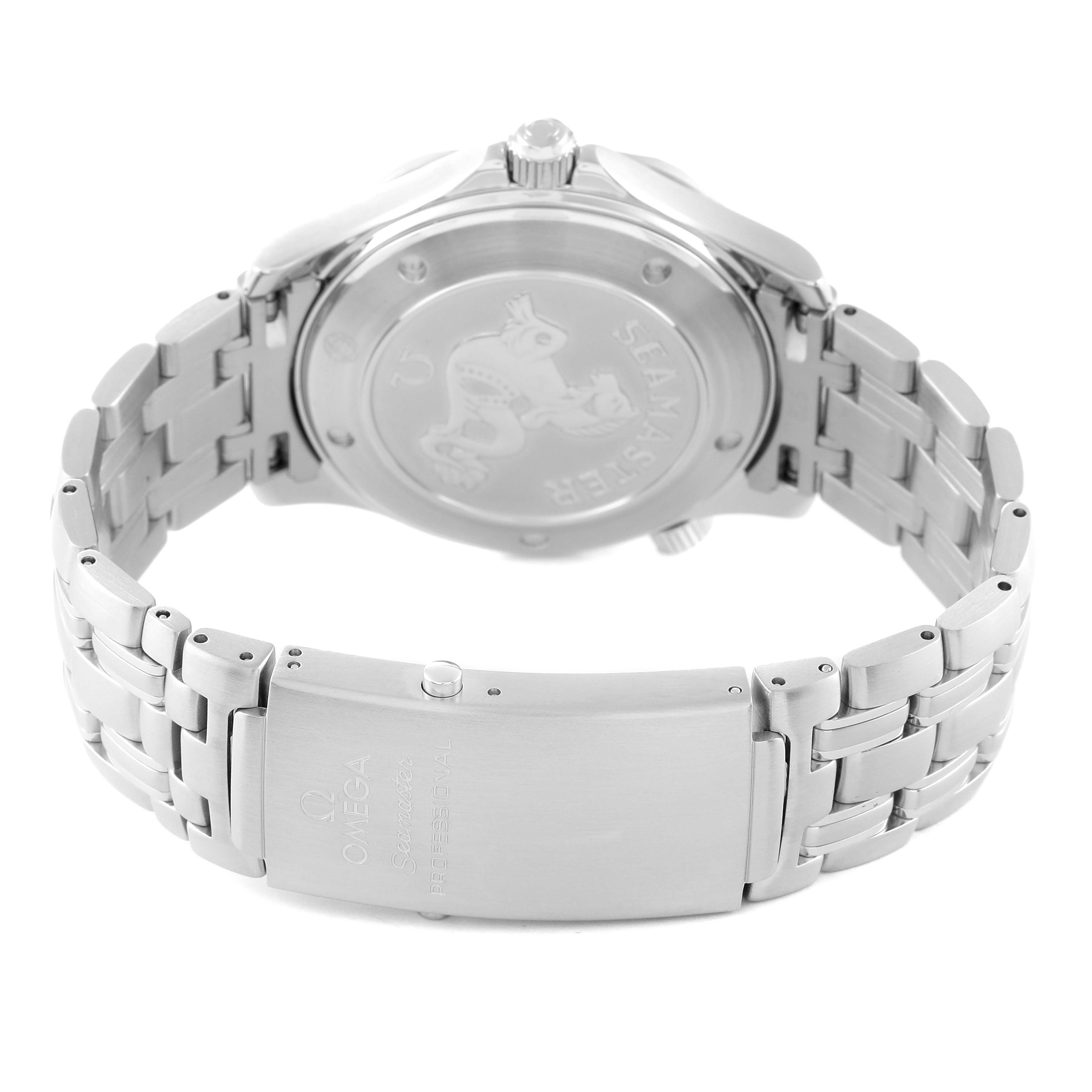 This image shows the back view of the Omega Seamaster 2221.80.00 Men
s Stainless Steel Blue Dial 2221.80.00 Men
s Stainless Steel Blue Dial watch, including the case back, crown, and metal bracelet with the clasp.