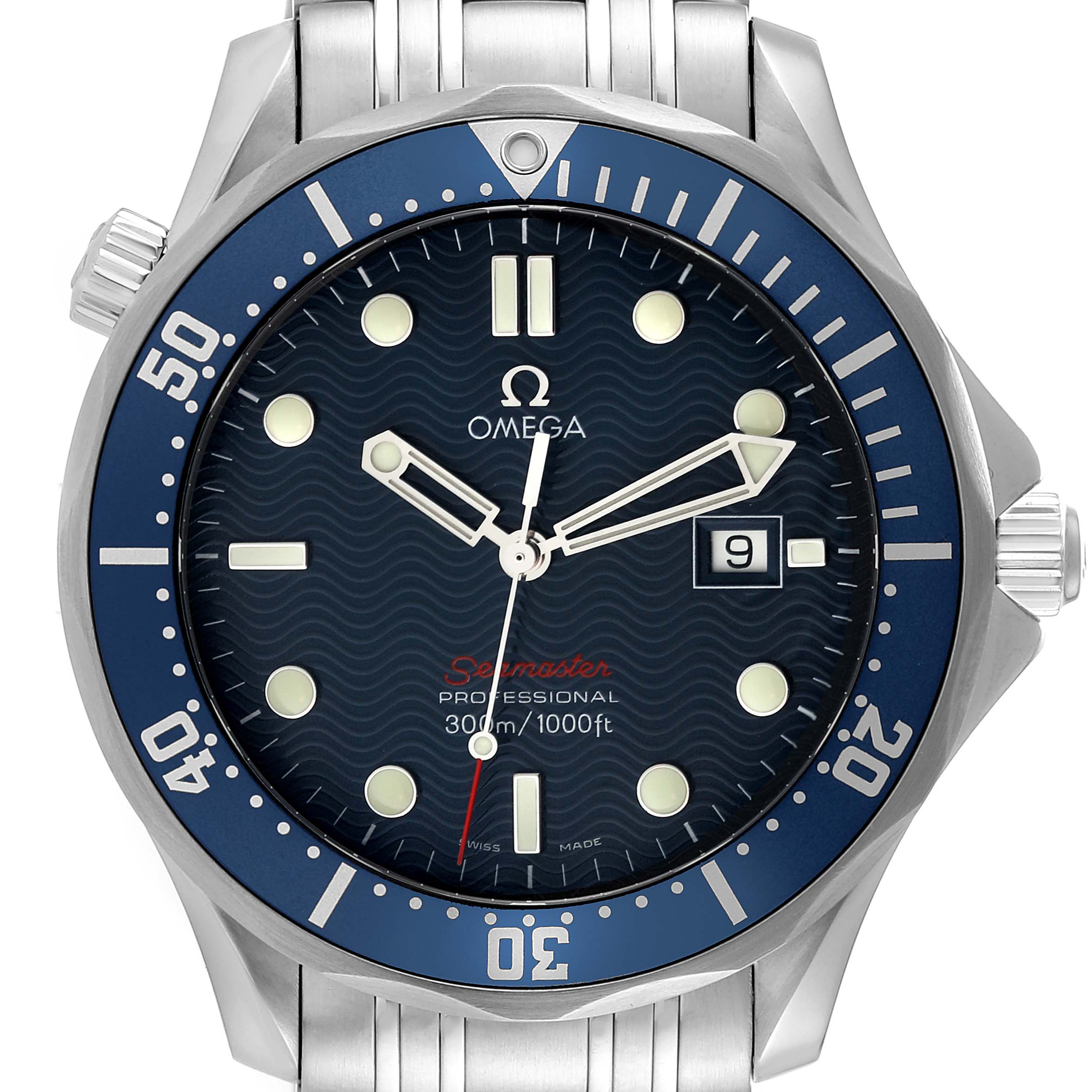 This head-on shot of the Omega Seamaster 2221.80.00 Men
s Stainless Steel Blue Dial 2221.80.00 Men
s Stainless Steel Blue Dial watch showcases its face, bezel, crown, and part of the bracelet.