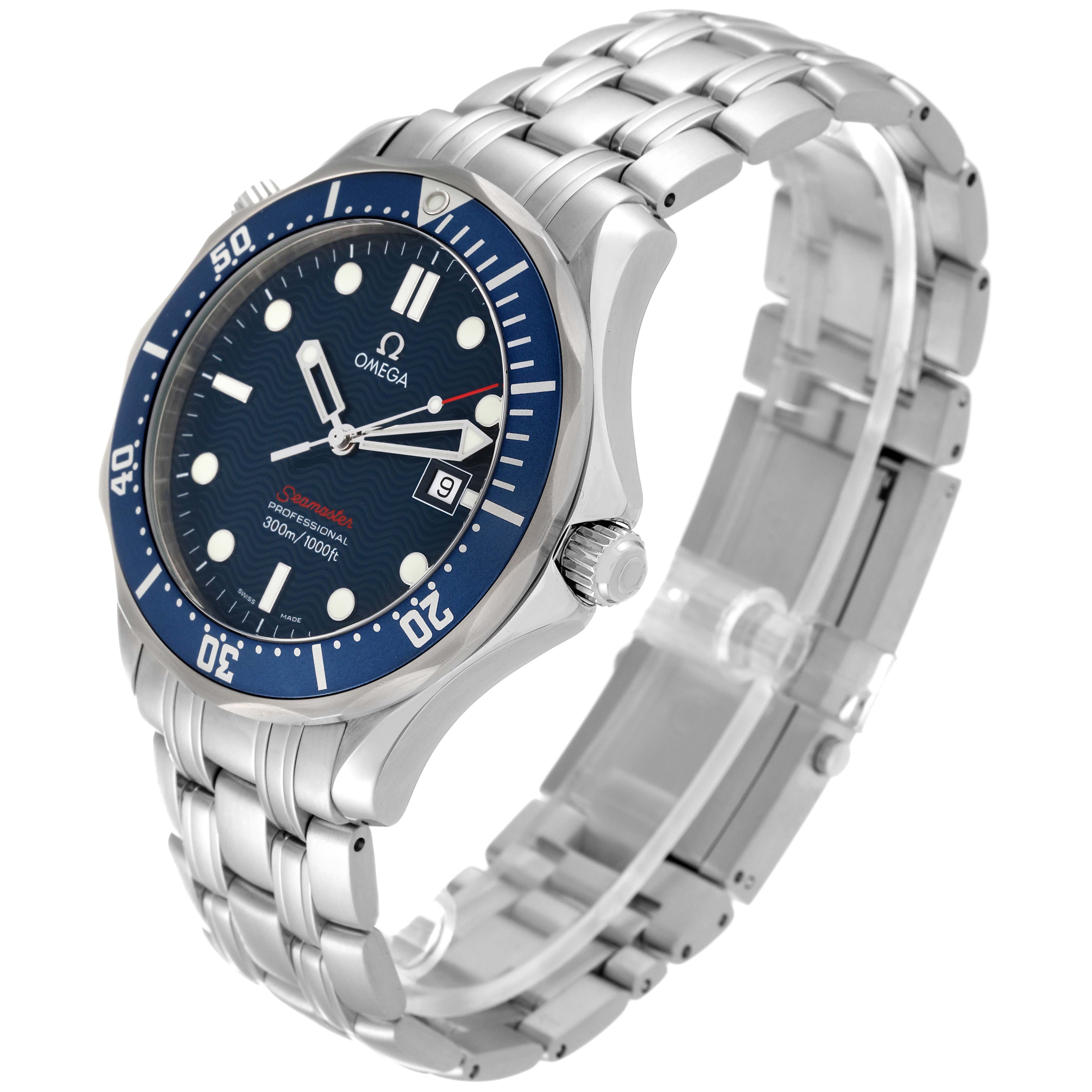 The Omega Seamaster 2221.80.00 Men
s Stainless Steel Blue Dial 2221.80.00 Men
s Stainless Steel Blue Dial watch is shown from a three-quarter angle, displaying the face, bezel, crown, and stainless steel bracelet.