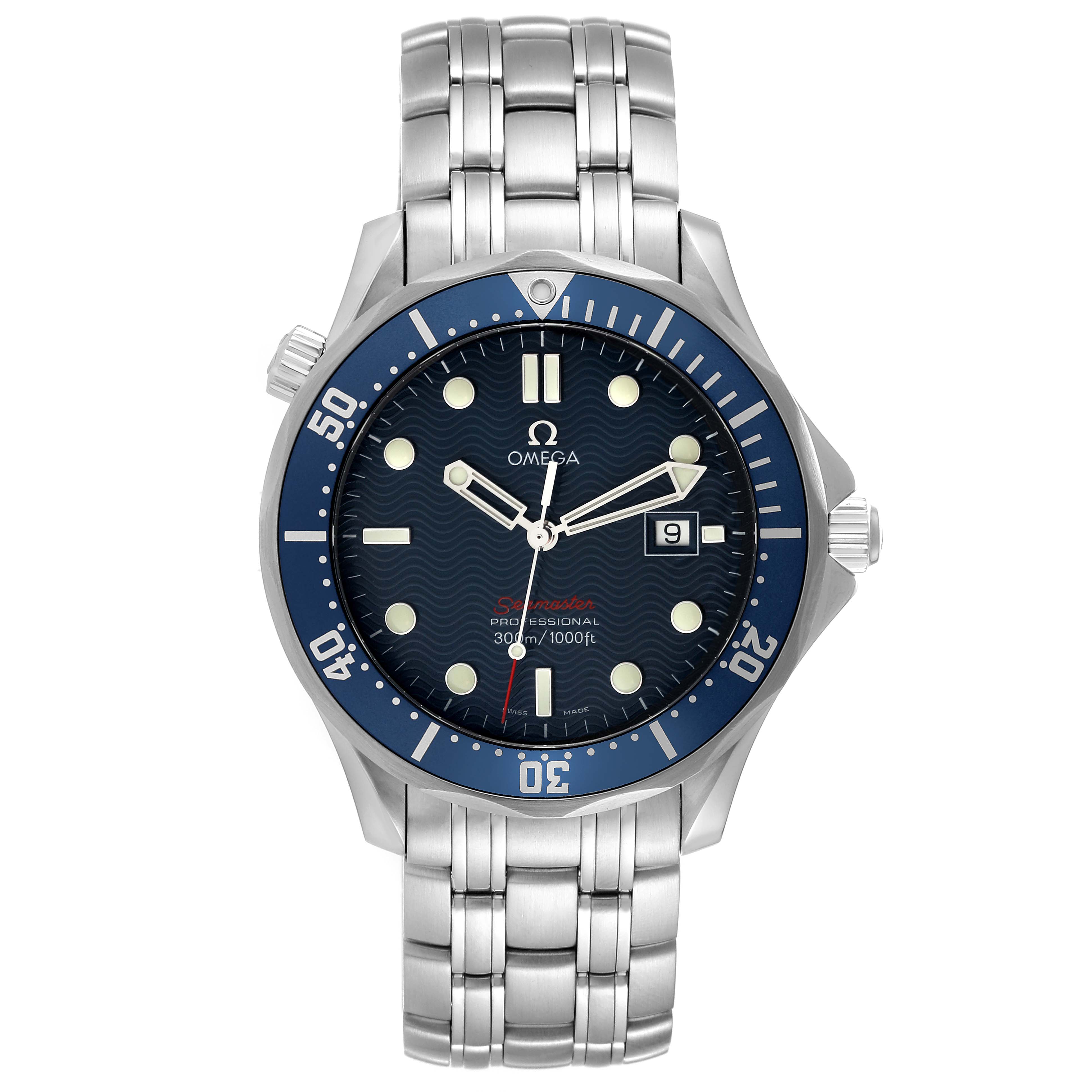 The image shows a front view of the Omega Seamaster 2221.80.00 Men
s Stainless Steel Blue Dial 2221.80.00 Men
s Stainless Steel Blue Dial watch, highlighting its blue dial, bezel, and stainless steel bracelet.