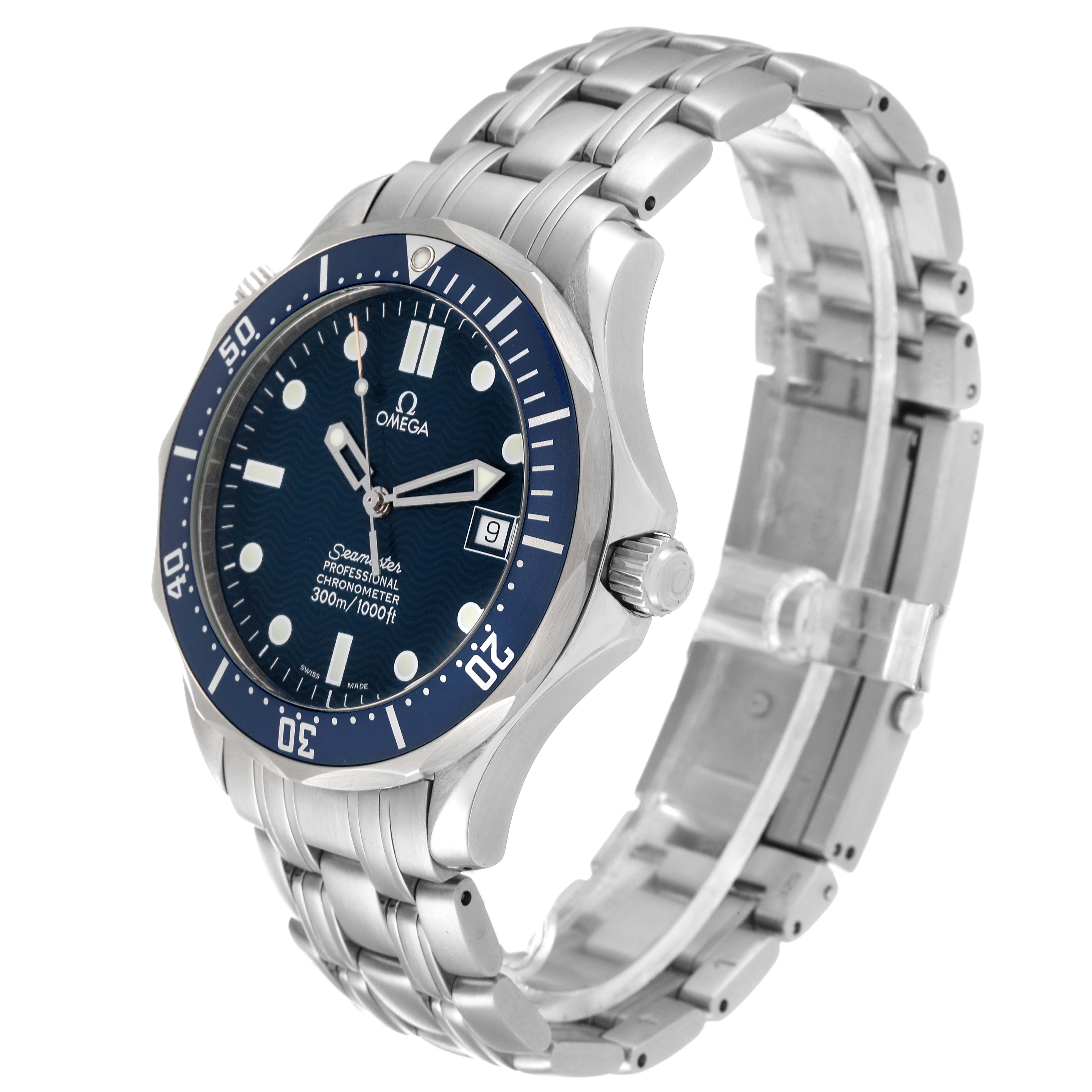 The Omega Seamaster 2531.80.00 Men's Stainless Steel Blue Dial 2531.80.00 Men's Stainless Steel Blue Dial watch is shown at a slight angle, highlighting the face, bracelet, bezel, and crown.