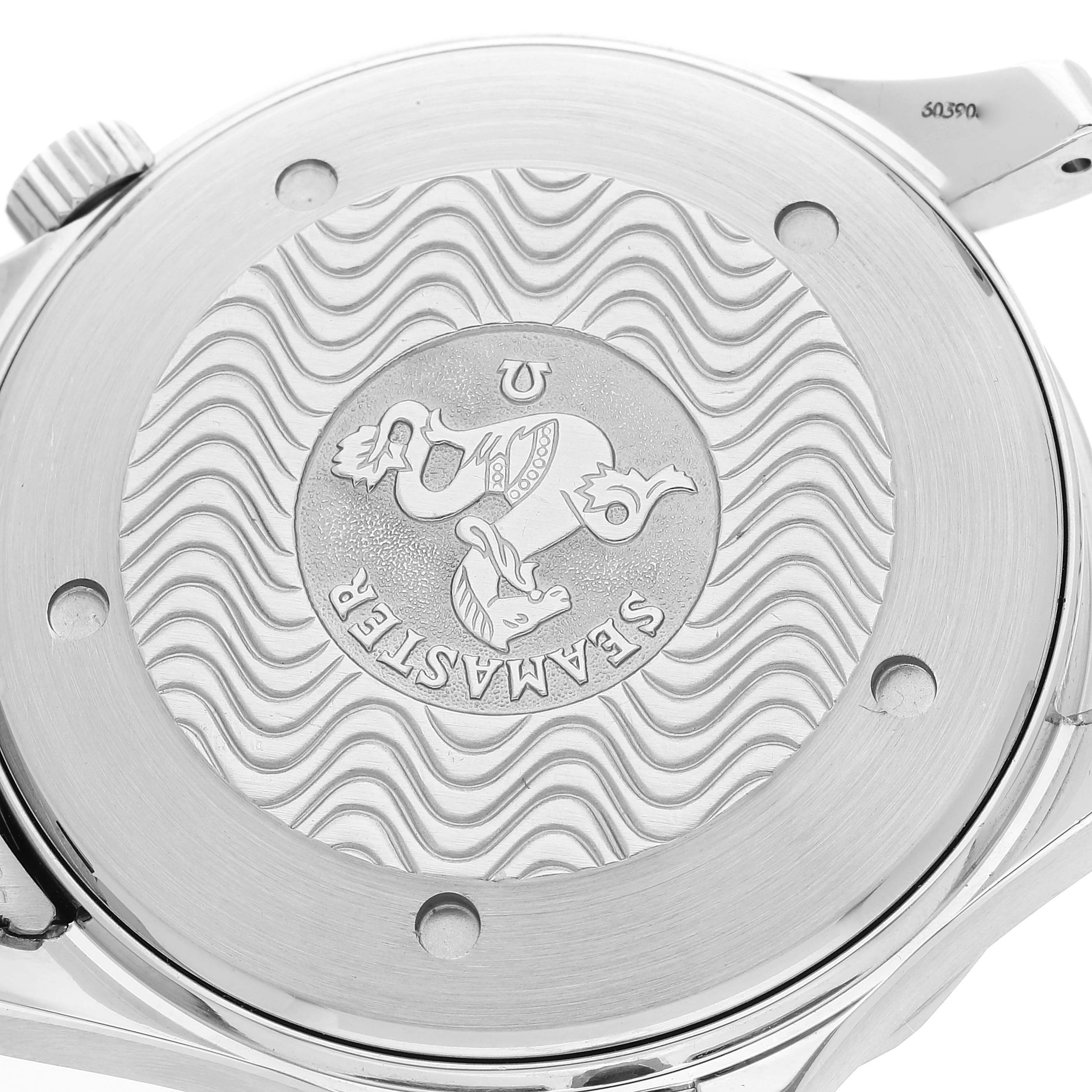 This image shows the case back of an Omega Seamaster 2531.80.00 Men's Stainless Steel Blue Dial 2531.80.00 Men's Stainless Steel Blue Dial watch, highlighting its wave pattern and embossed logo.