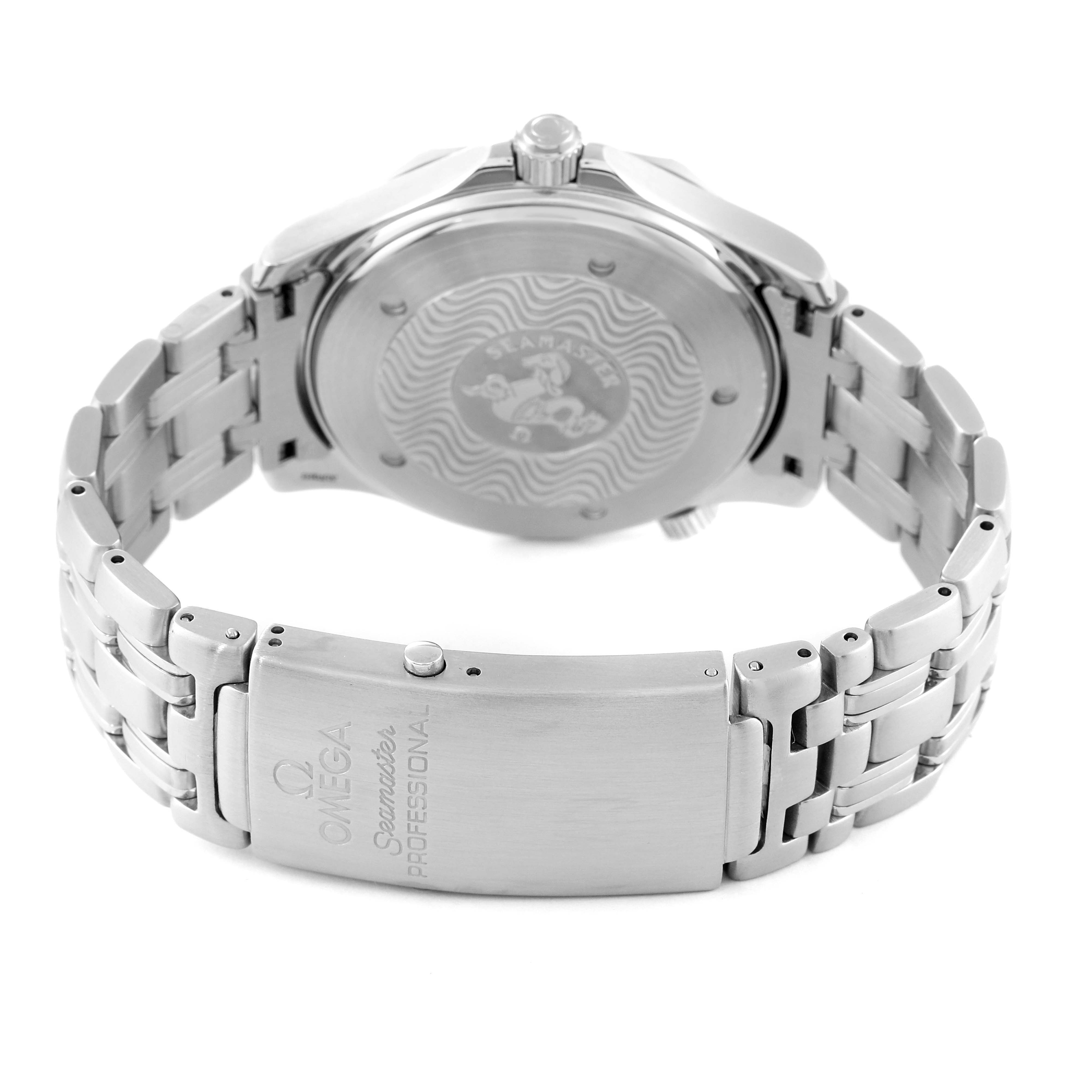 The image shows the back view of an Omega Seamaster 2531.80.00 Men's Stainless Steel Blue Dial 2531.80.00 Men's Stainless Steel Blue Dial watch, highlighting the clasp and case back.