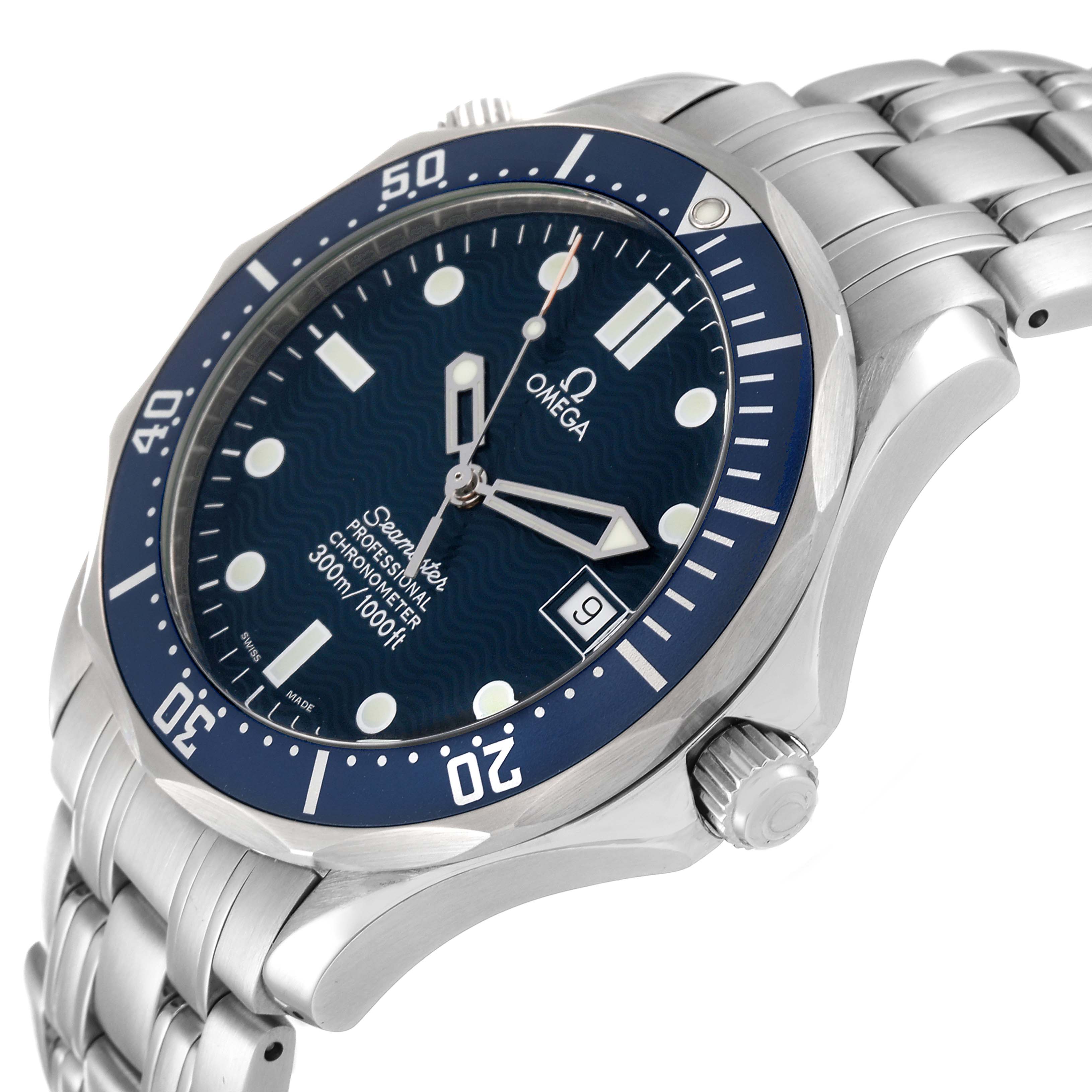 The image shows an angled view of an Omega Seamaster 2531.80.00 Men's Stainless Steel Blue Dial 2531.80.00 Men's Stainless Steel Blue Dial watch highlighting the bezel, crown, dial, and bracelet.