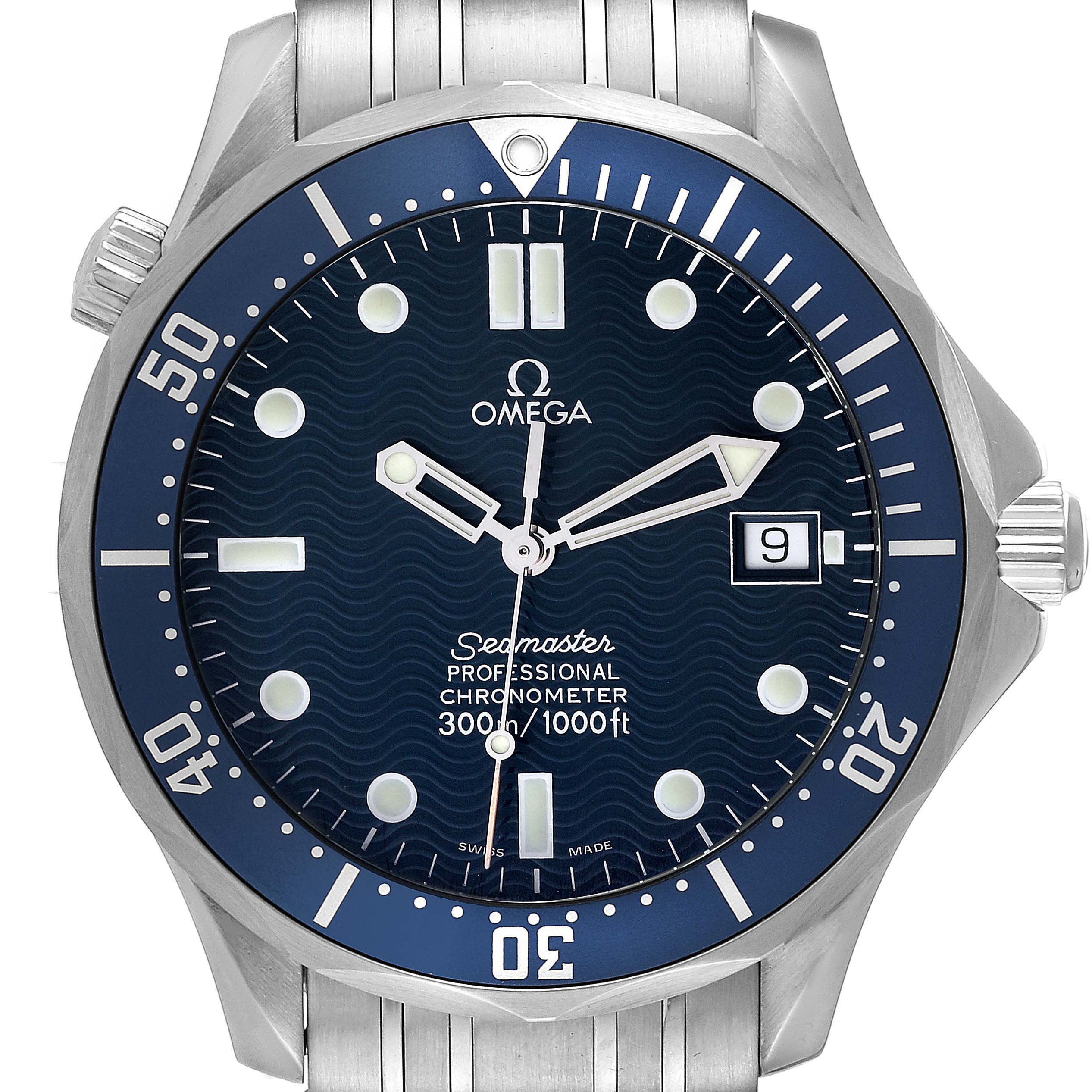 The image shows a front view of the Omega Seamaster 2531.80.00 Men's Stainless Steel Blue Dial 2531.80.00 Men's Stainless Steel Blue Dial Professional Chronometer watch, displaying the dial, bezel, and bracelet.