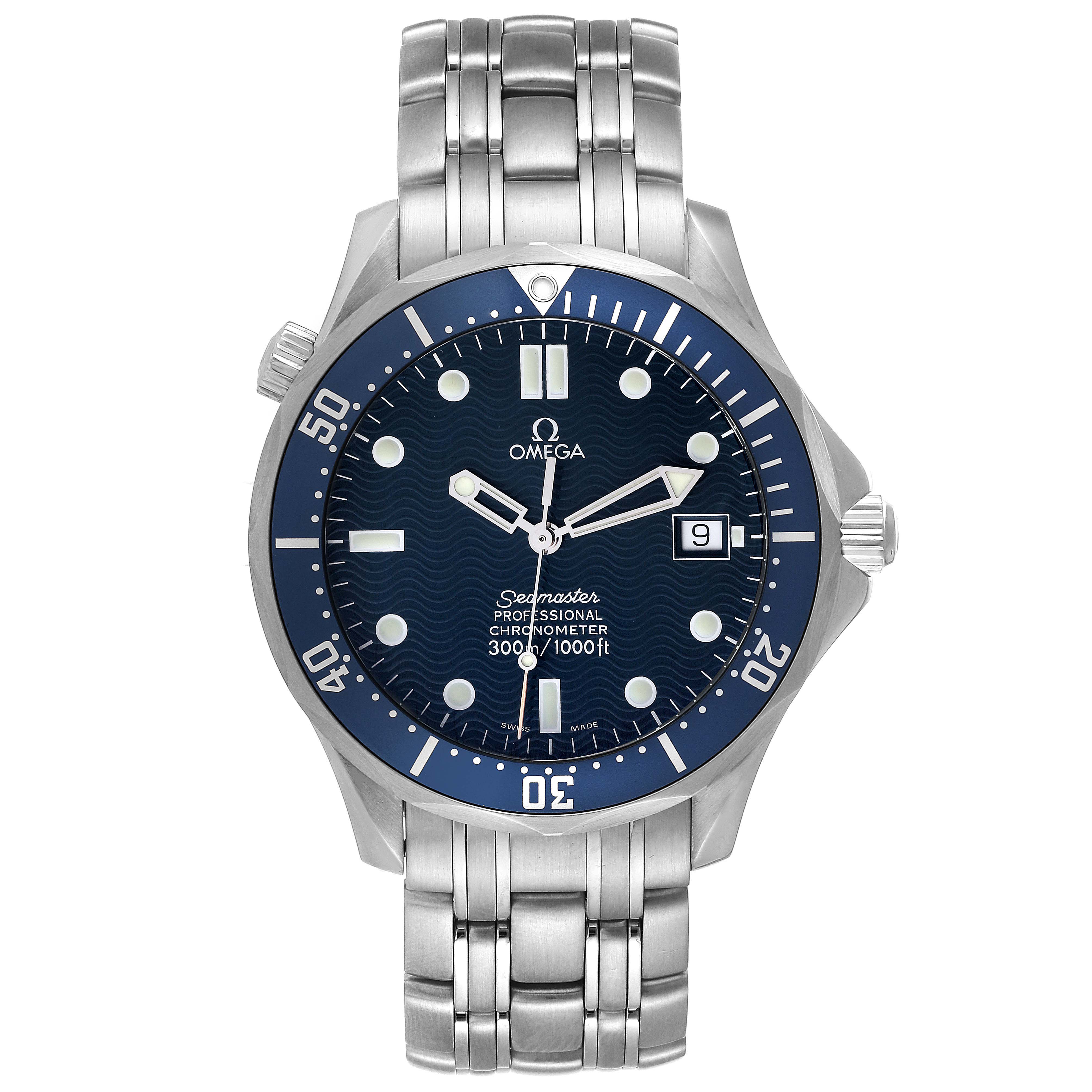 The image shows a front view of an Omega Seamaster 2531.80.00 Men's Stainless Steel Blue Dial 2531.80.00 Men's Stainless Steel Blue Dial watch, displaying its face, bezel, bracelet, and crown.