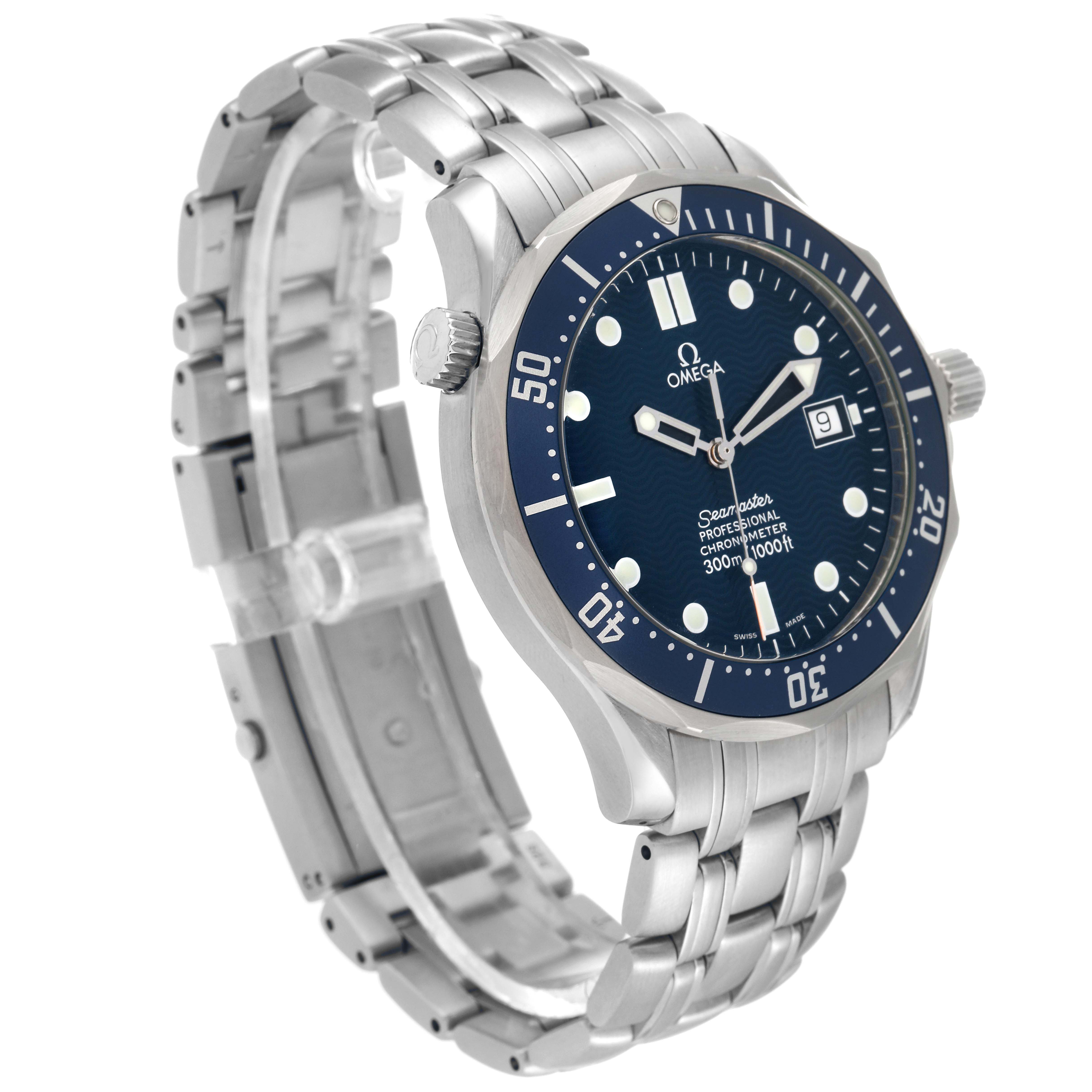 The image shows a side view of the Omega Seamaster 2531.80.00 Men's Stainless Steel Blue Dial 2531.80.00 Men's Stainless Steel Blue Dial watch, highlighting the bracelet, bezel, and face.